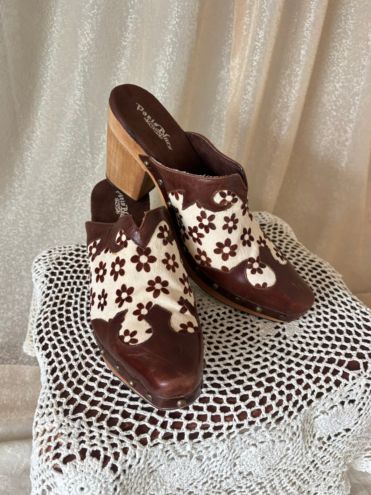 90s/00s Paris Blues calf hair and leather floral wooden clogs