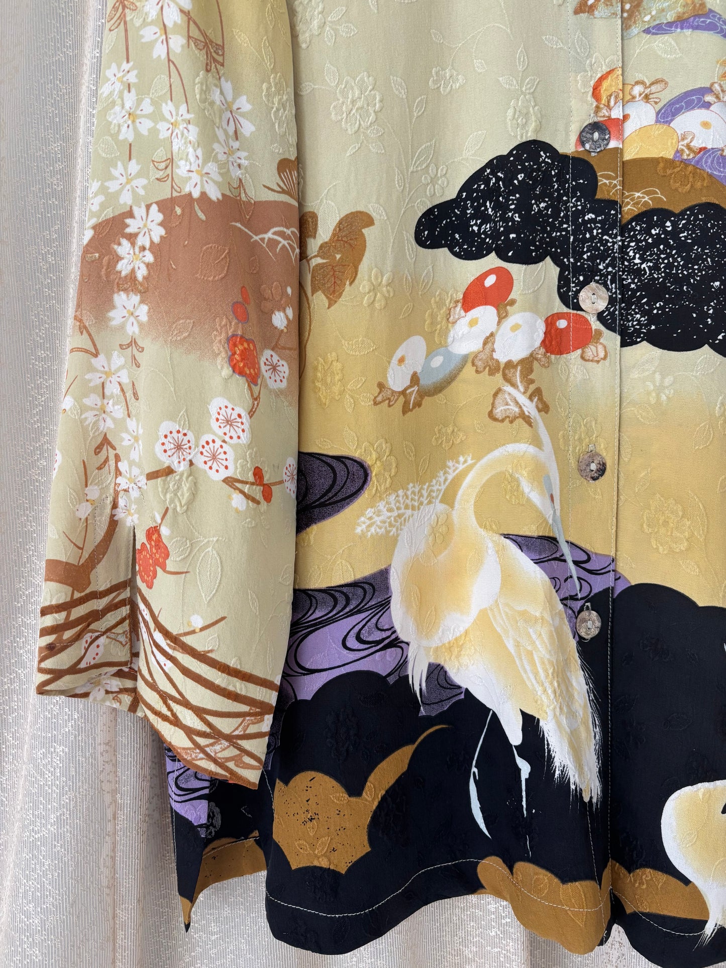 Citron silk crane art tunic blouse