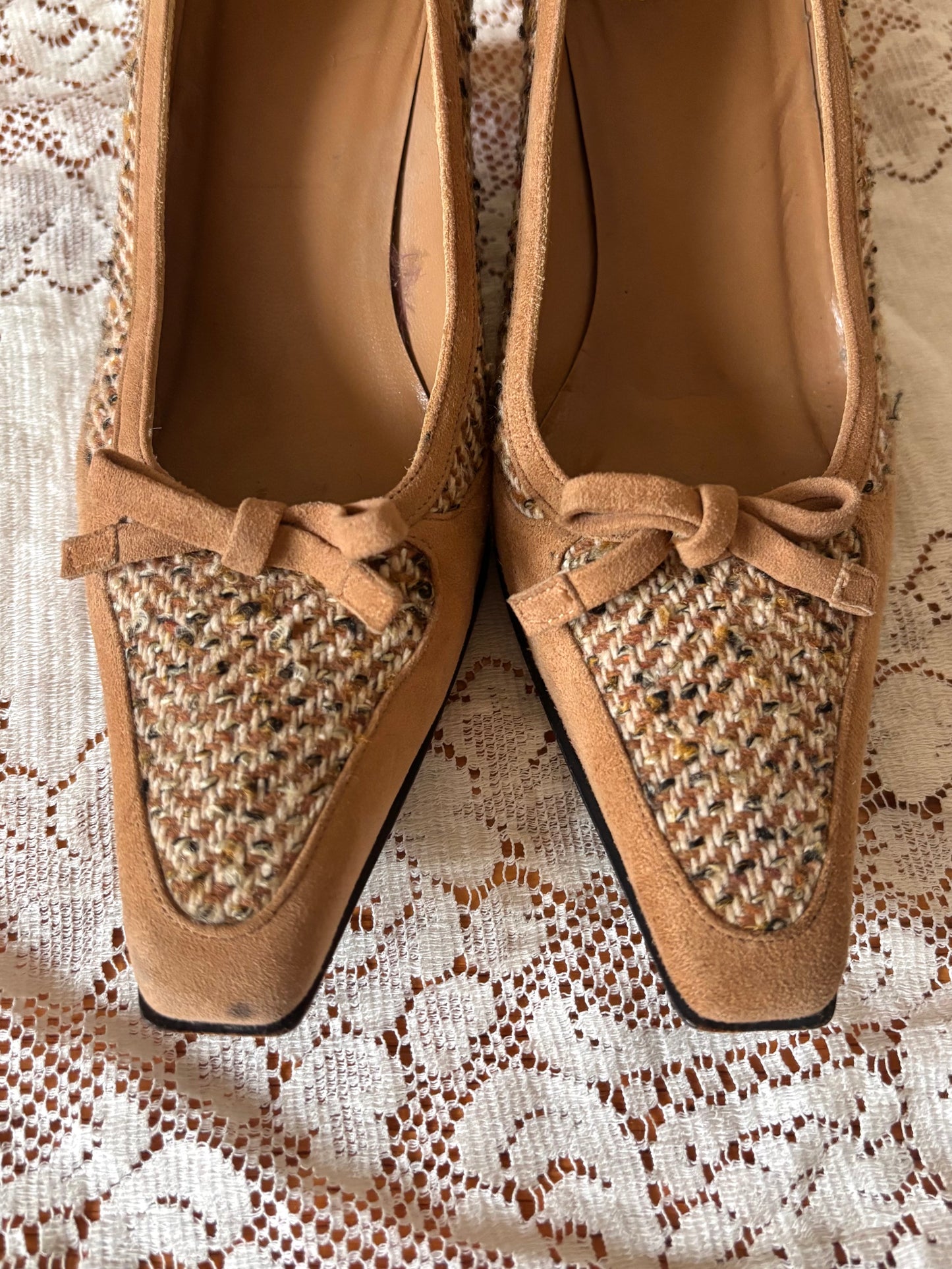 Stuart Weitzman tweed suede kitten heels