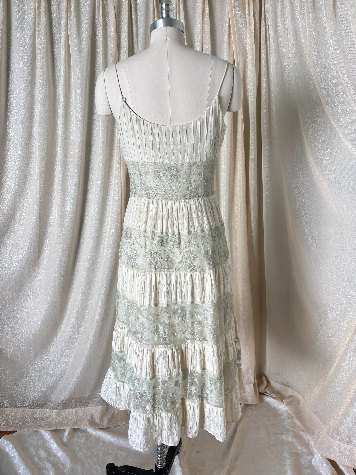 Sage and ivory lace tiered hem midi dress