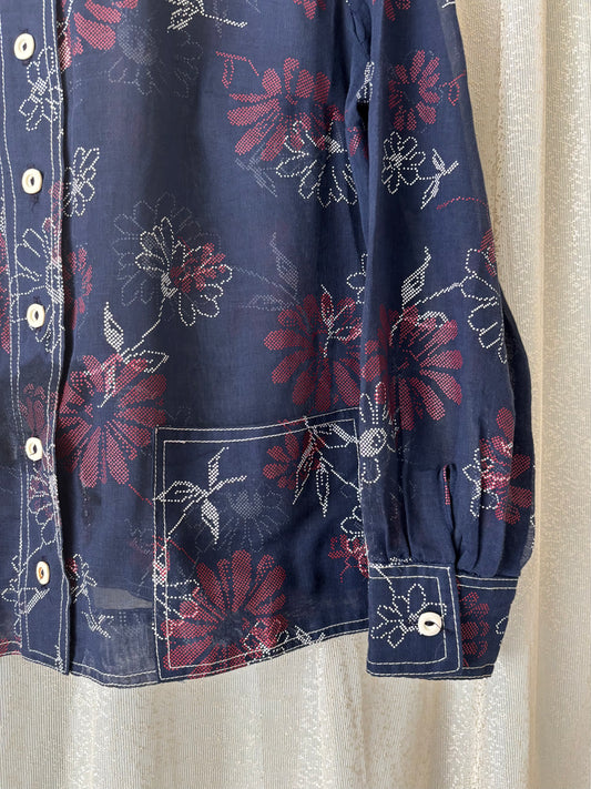 70s sheer cross-stitch floral button-down