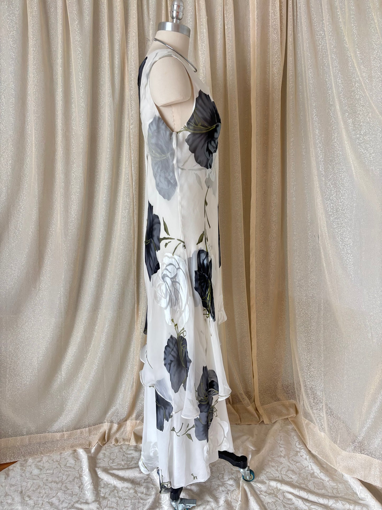 90s floral silk asymmetrical layered dress