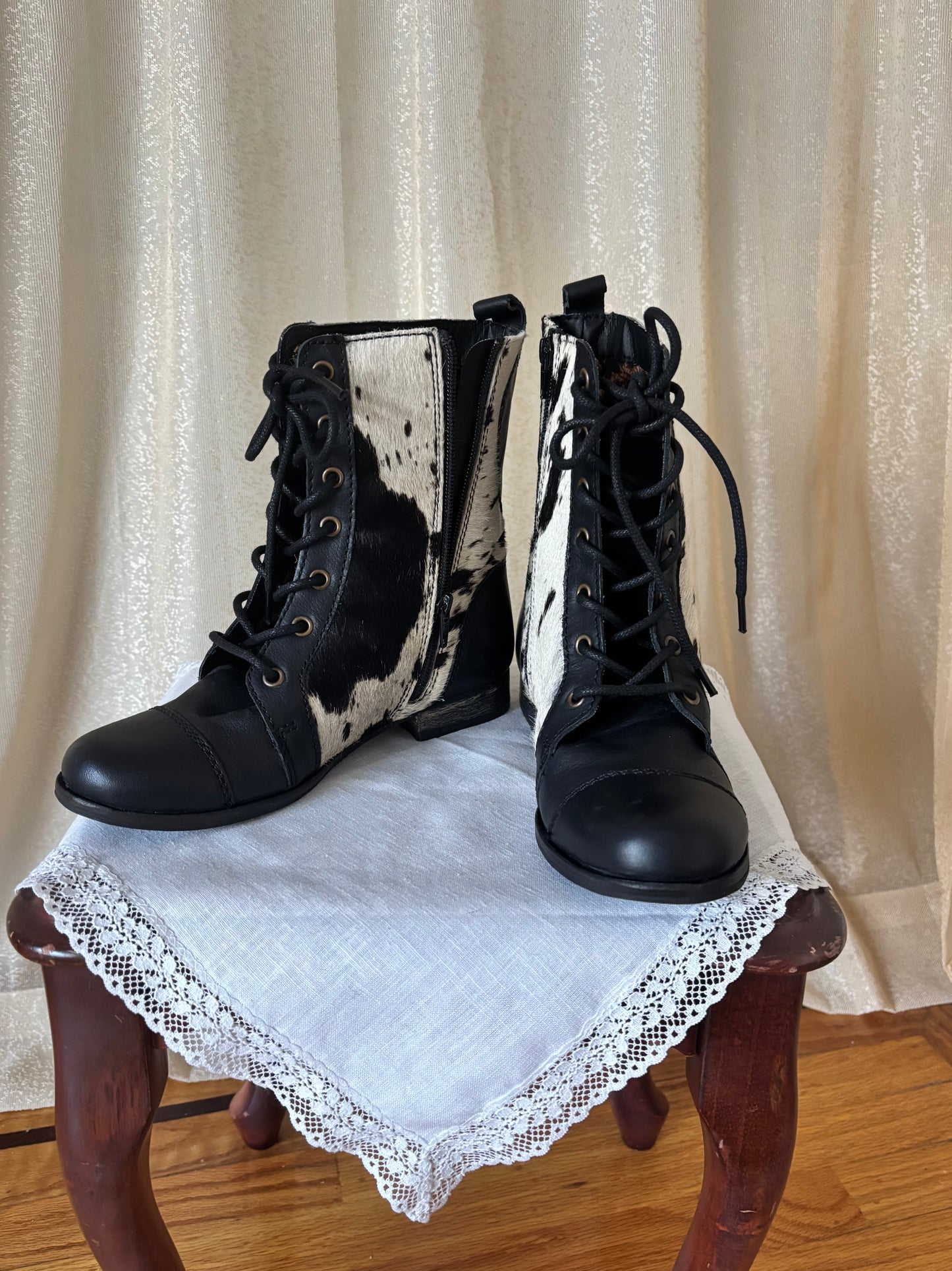 Betsey Johnson calf hair lace up boots