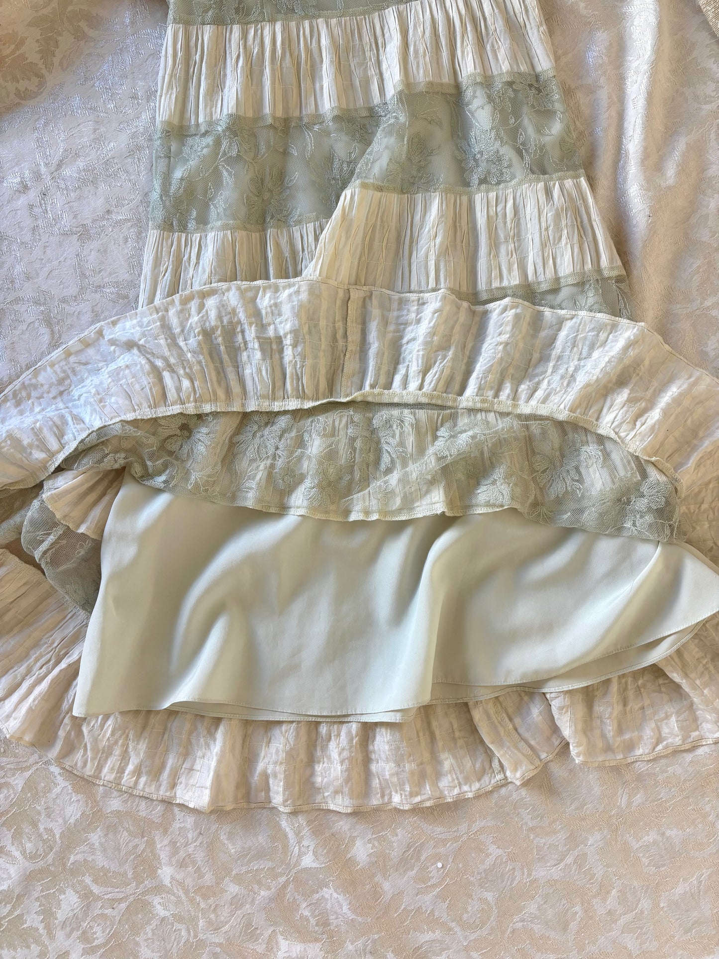 Sage and ivory lace tiered hem midi dress