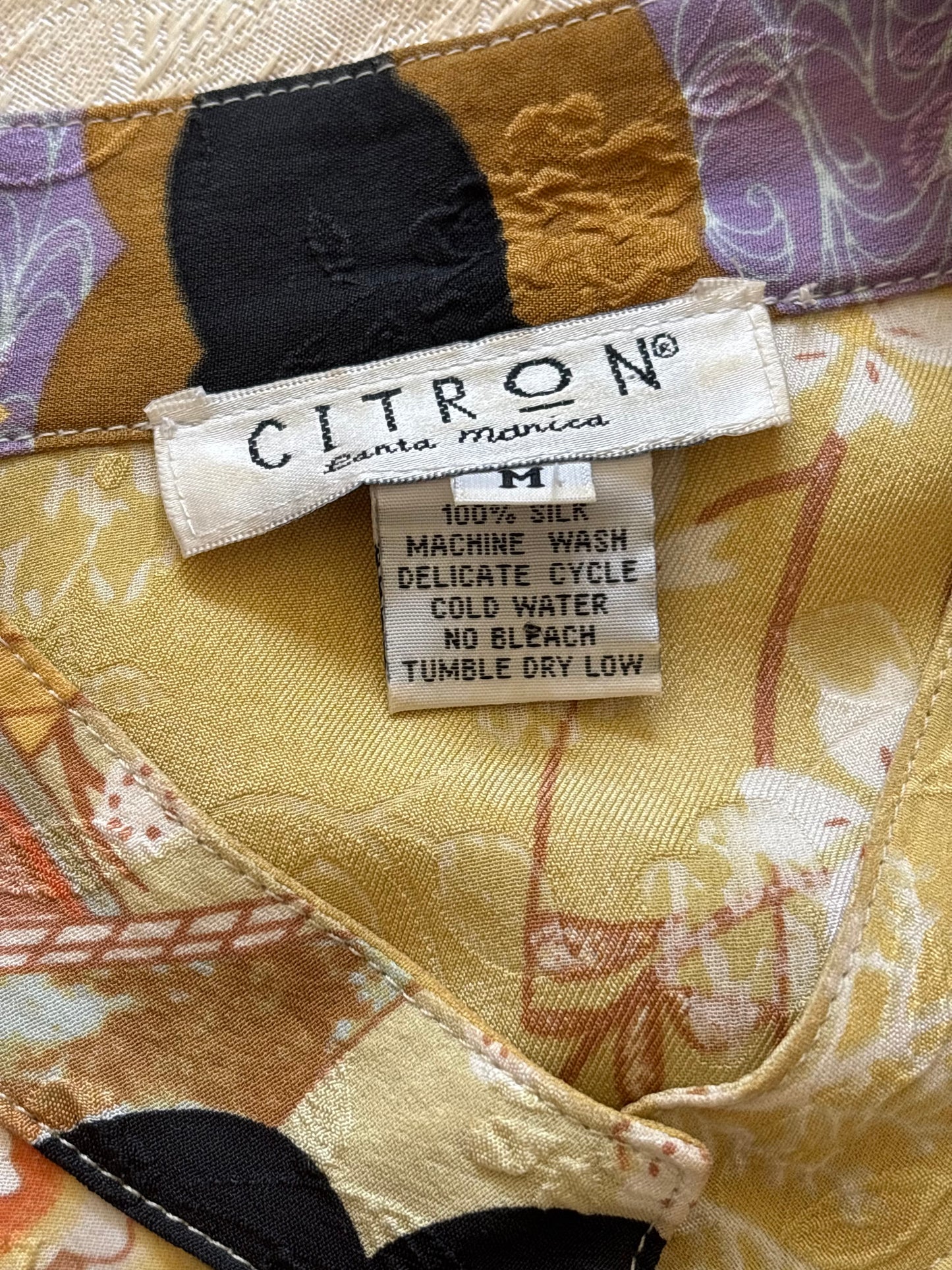 Citron silk crane art tunic blouse