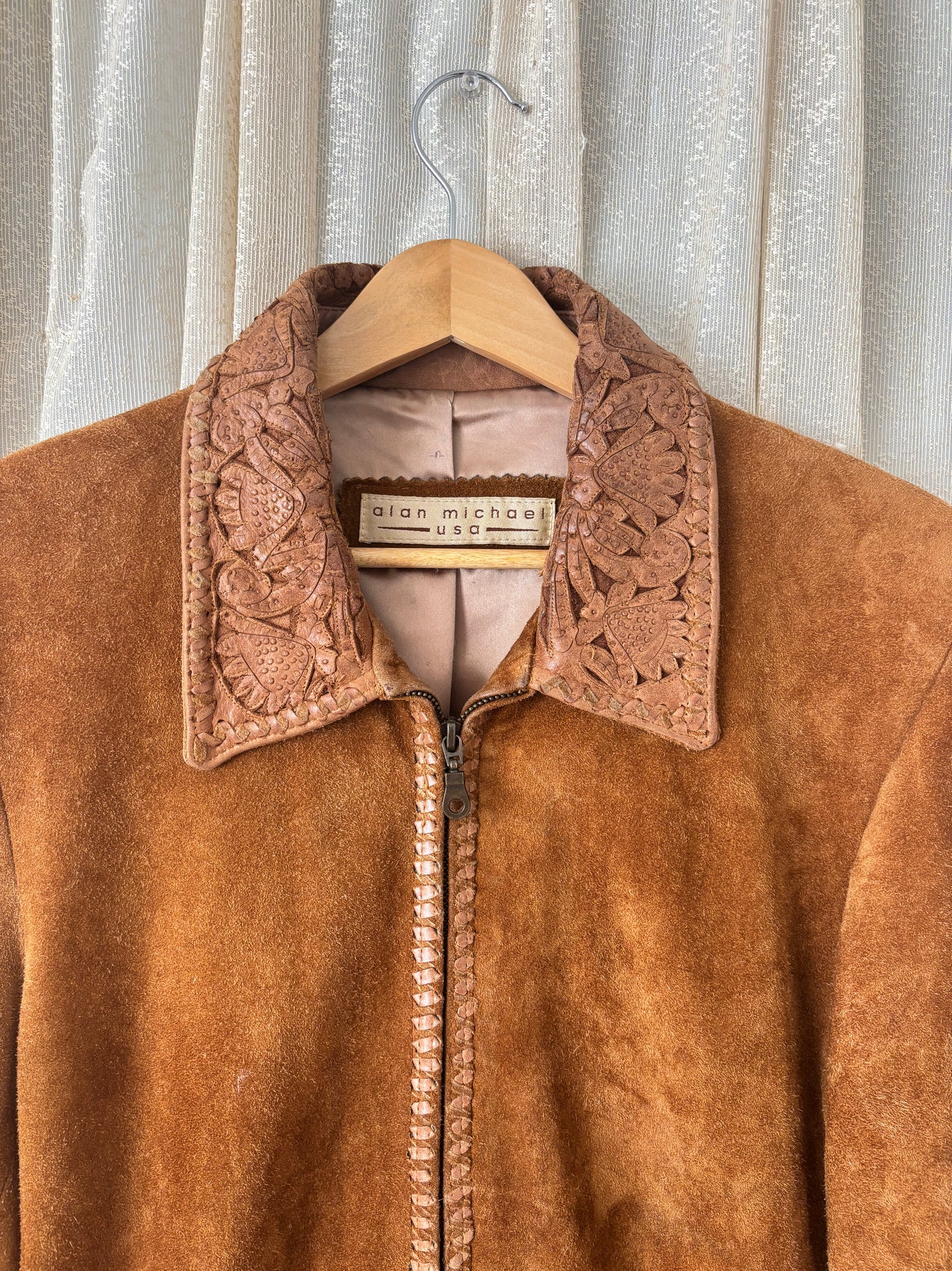 Rare Alan Michael tooled leather whipstitch suede jacket