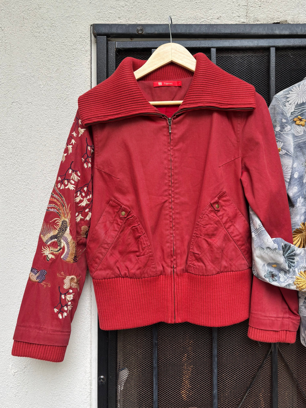 Vintage phoenix embroidered cotton bomber jacket