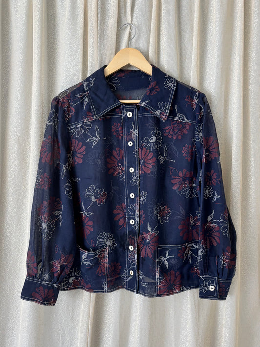 70s sheer cross-stitch floral button-down