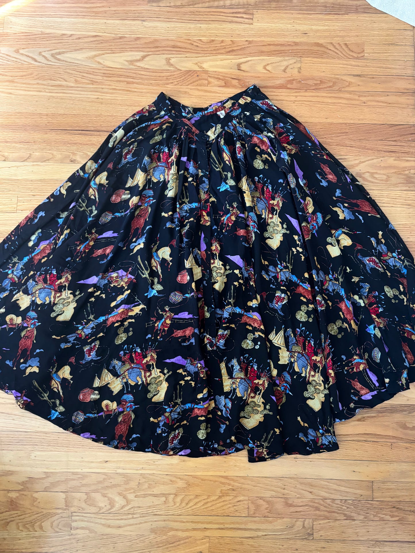 Western print rayon maxi circle skirt