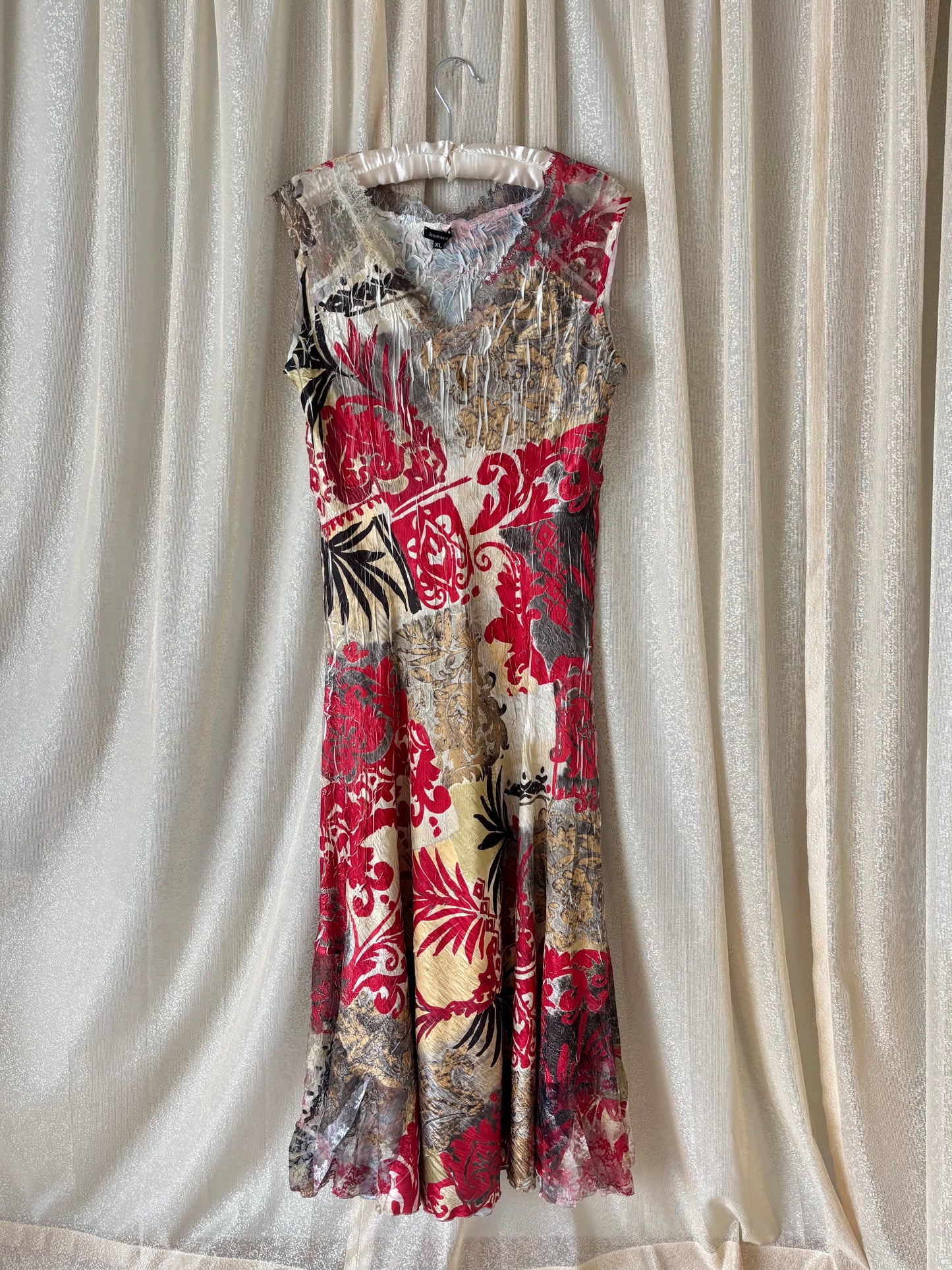 90s Komarov abstract crinkle pleated midi dress