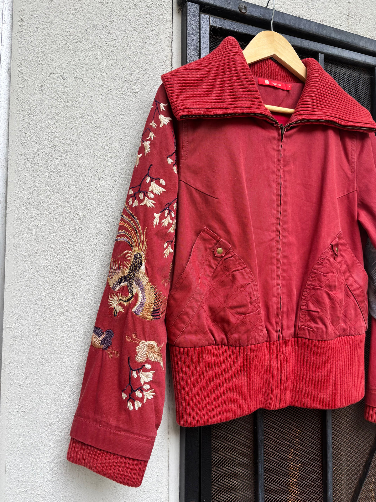 Vintage phoenix embroidered cotton bomber jacket
