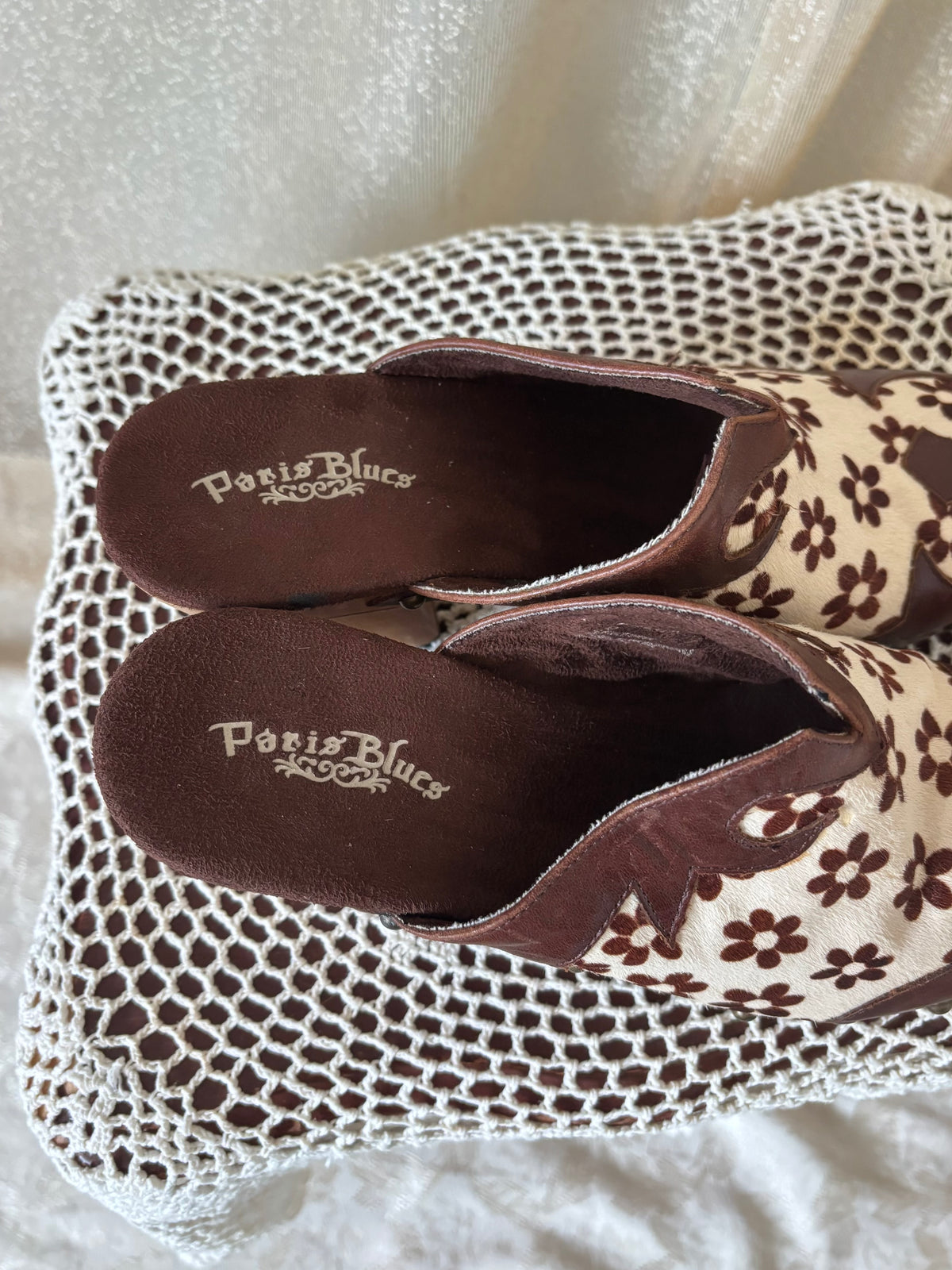 90s/00s Paris Blues calf hair and leather floral wooden clogs