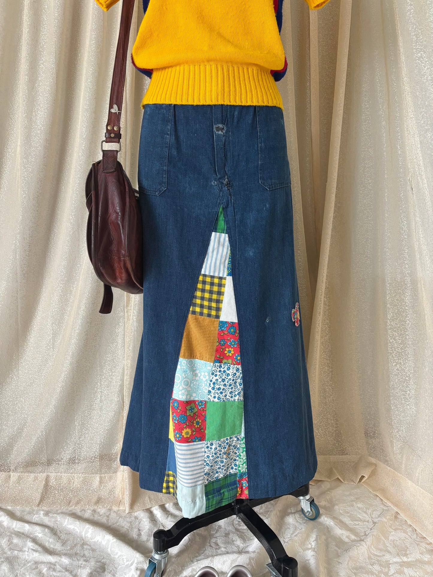 70s homemade denim patchwork maxi skirt