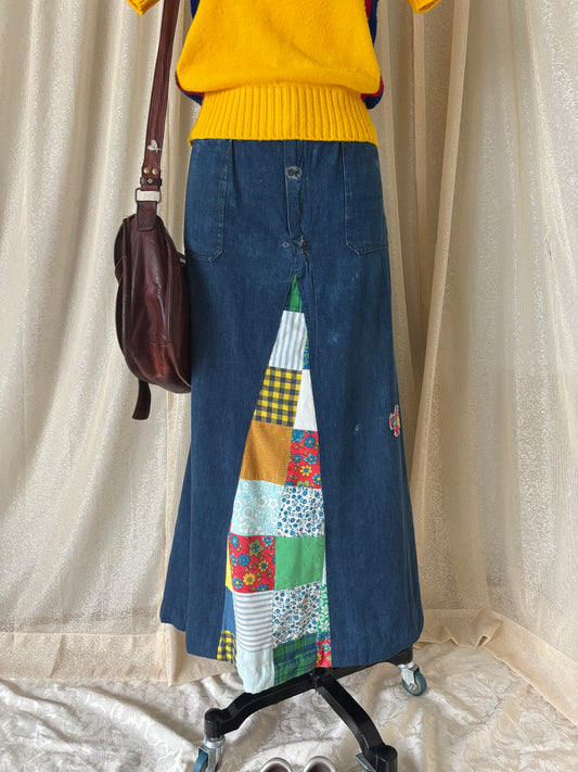 70s homemade denim patchwork maxi skirt