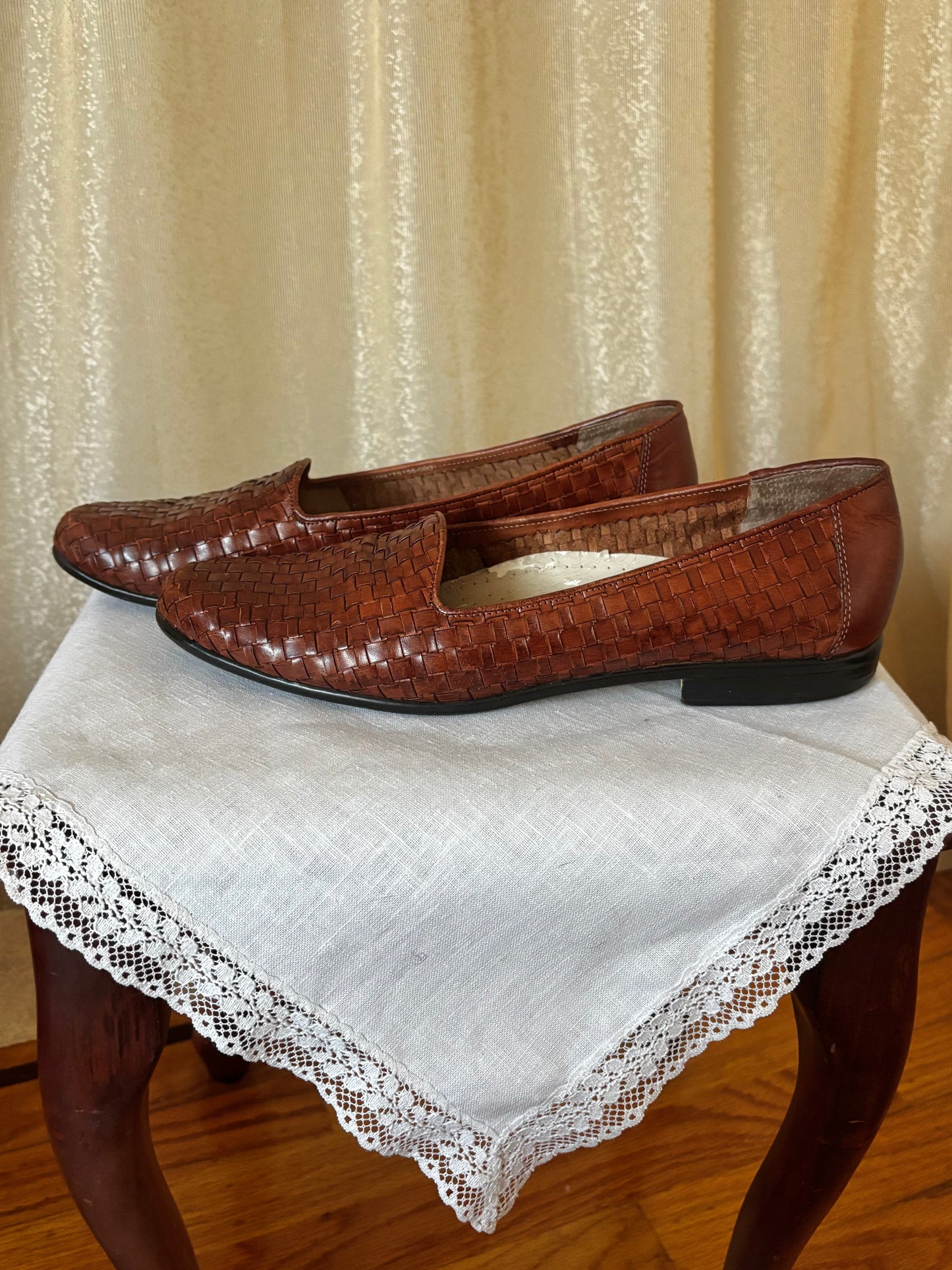 Brown woven leather loafers