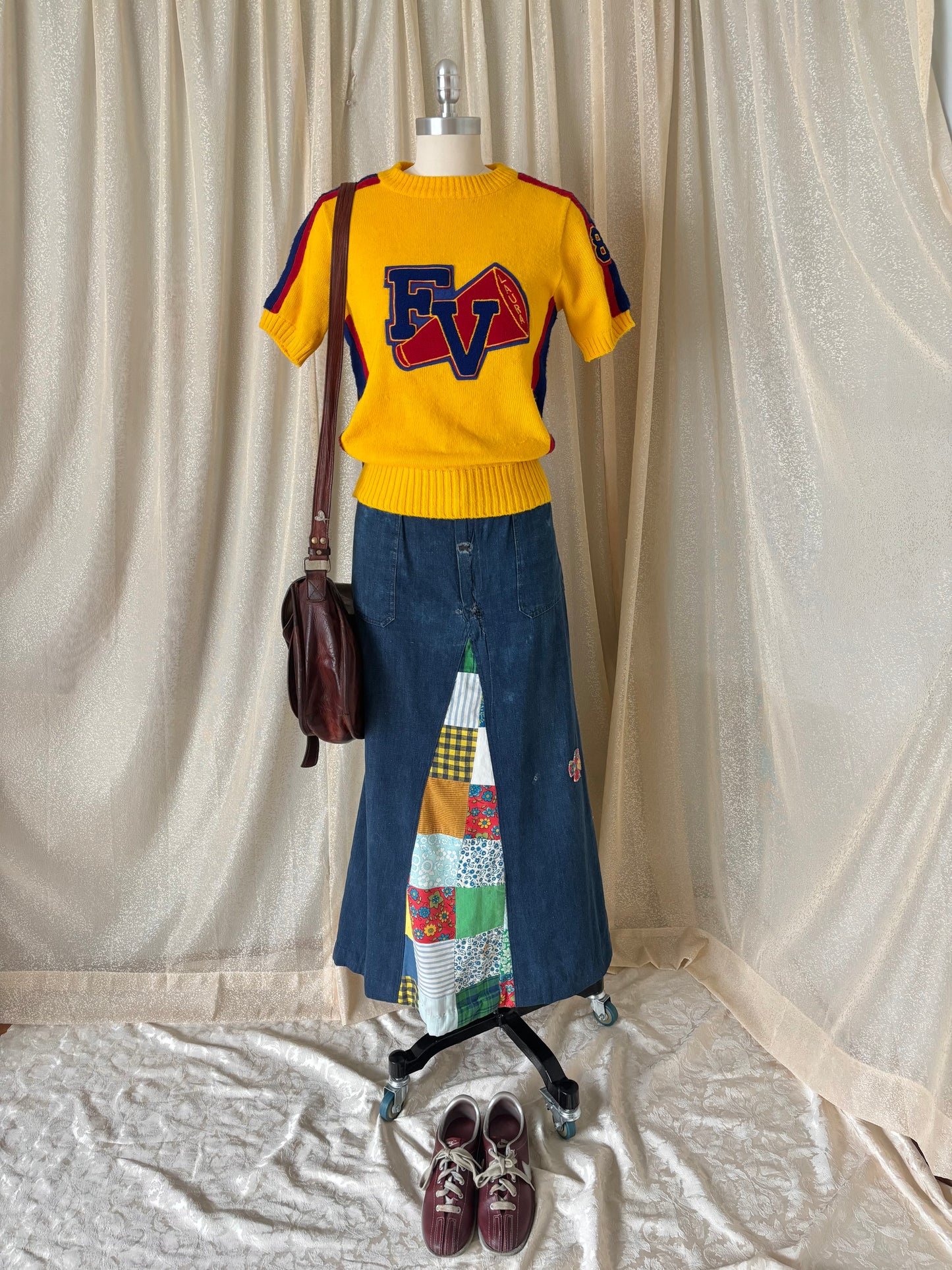 70s homemade denim patchwork maxi skirt