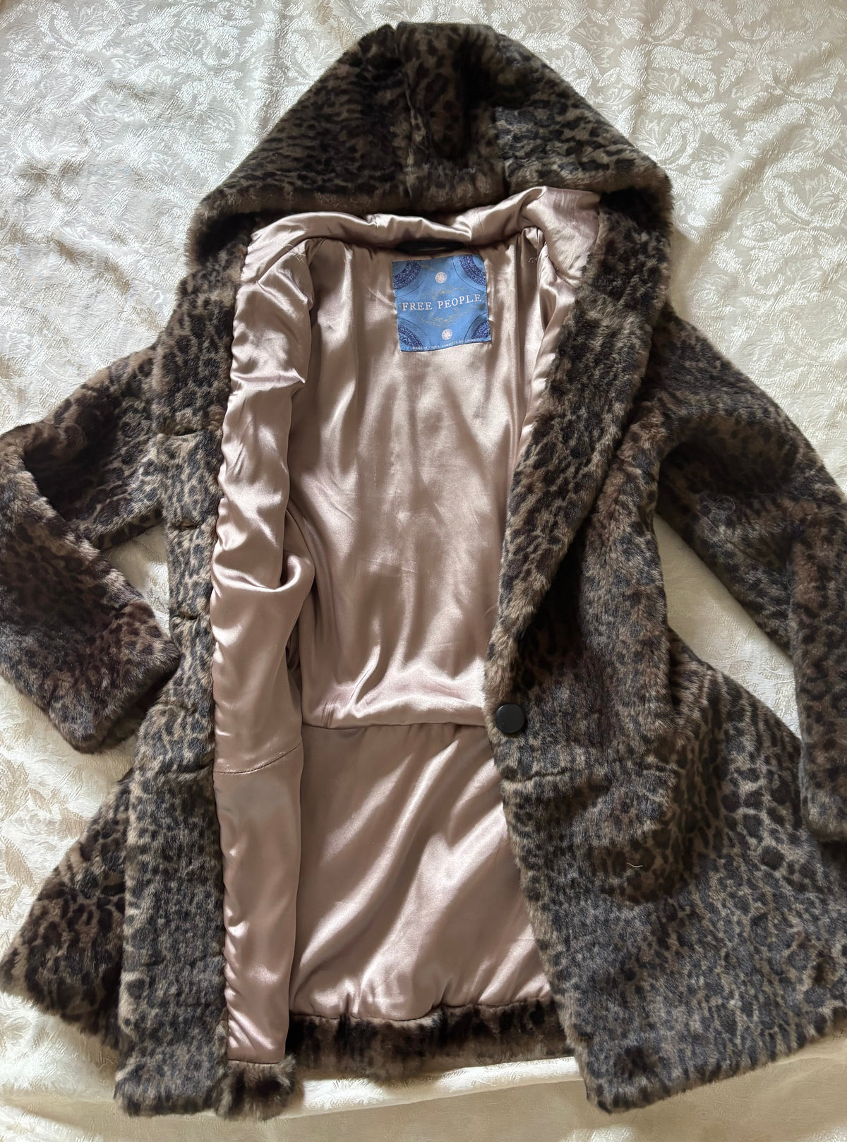 Free People faux fur leopard hooded coat