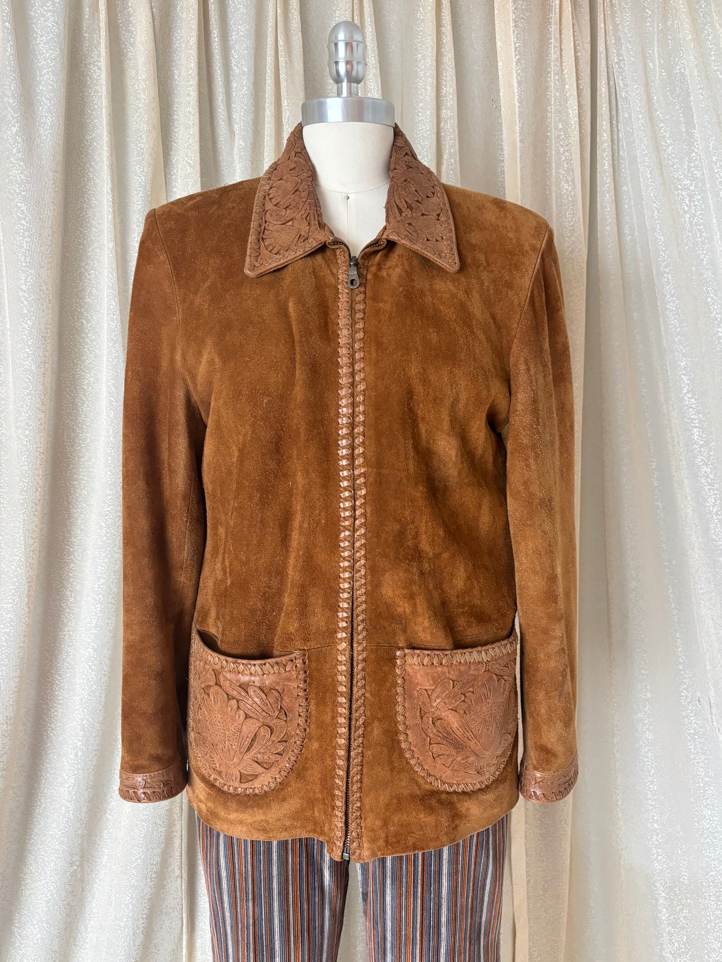 Rare Alan Michael tooled leather whipstitch suede jacket