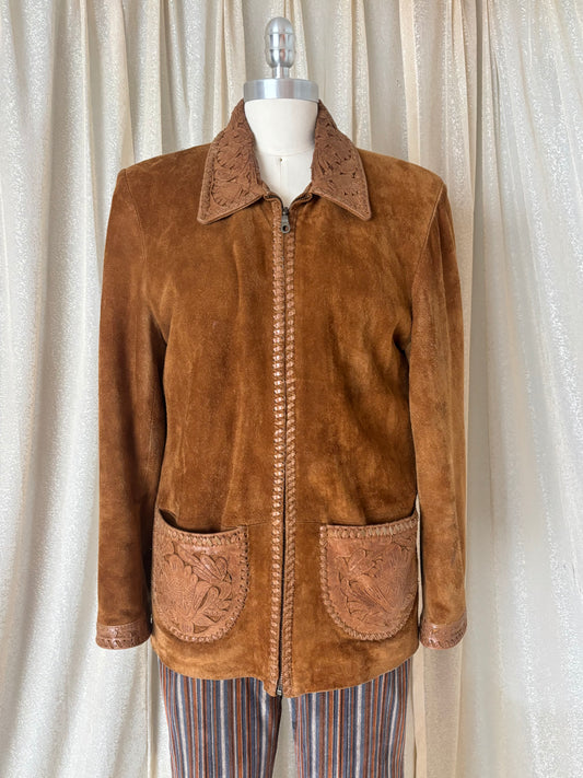Rare Alan Michael tooled leather whipstitch suede jacket