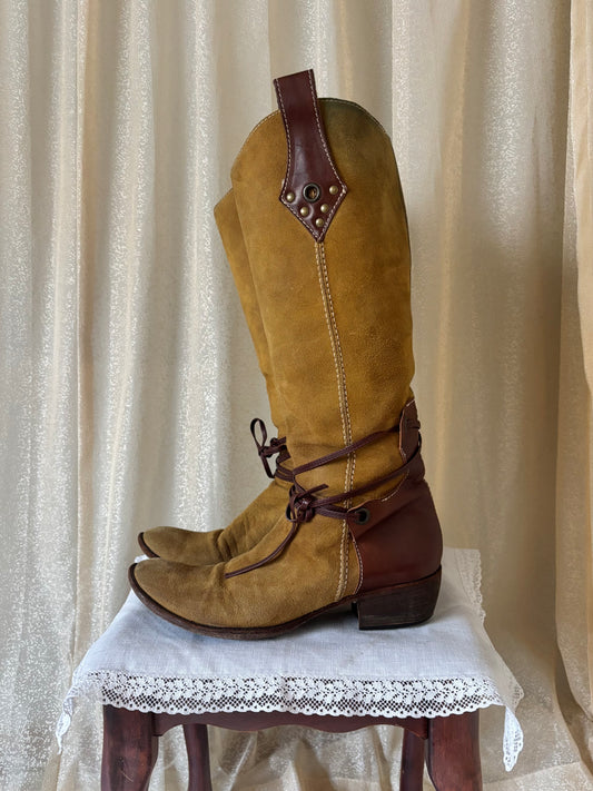 Vintage two-tone suede tie riding boots