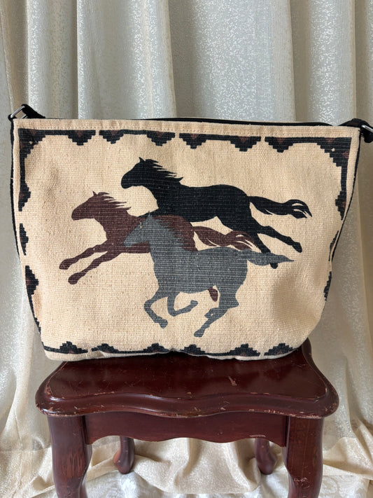 90s woven cotton Western horse tapestry bag
