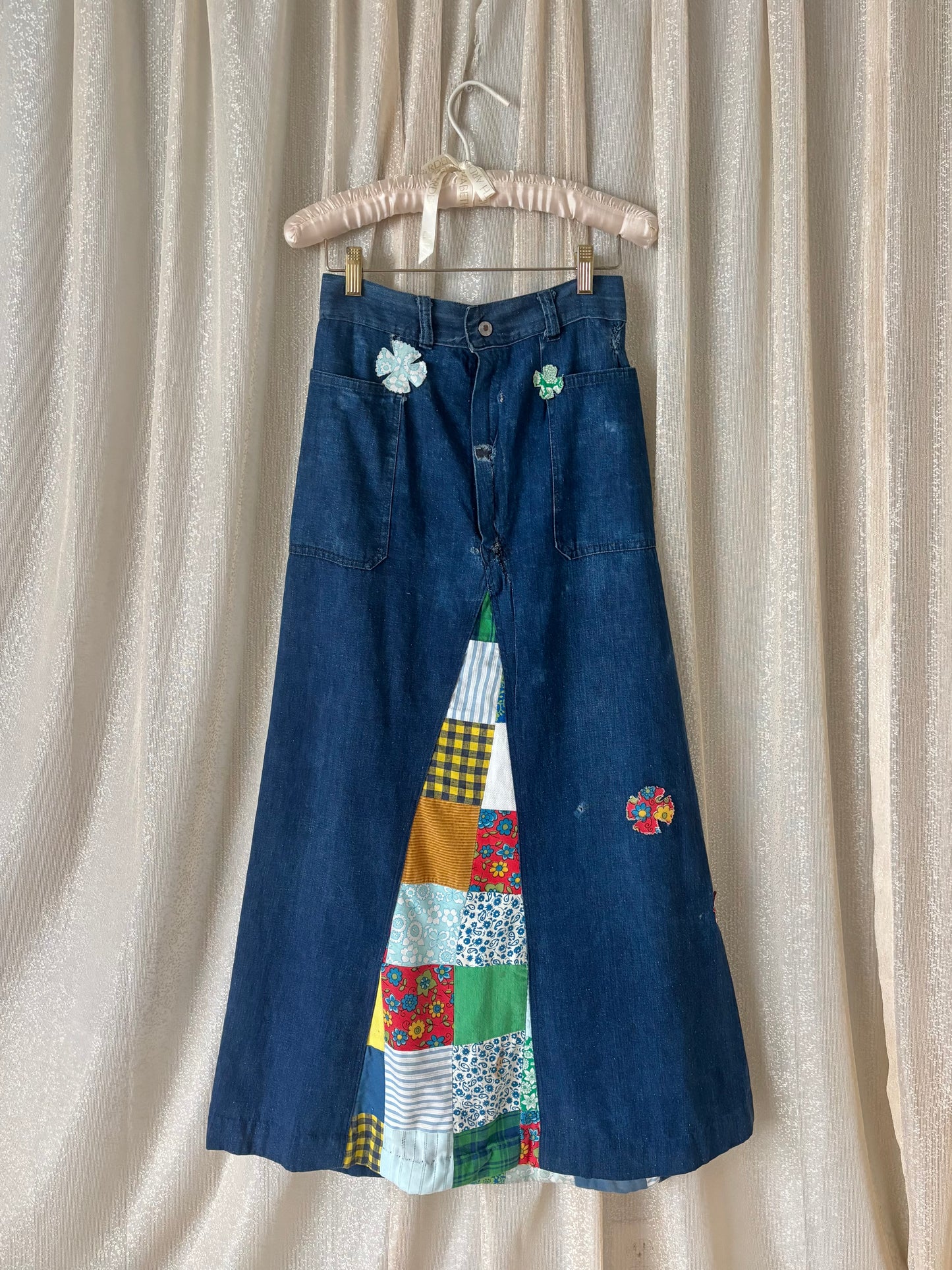 70s homemade denim patchwork maxi skirt