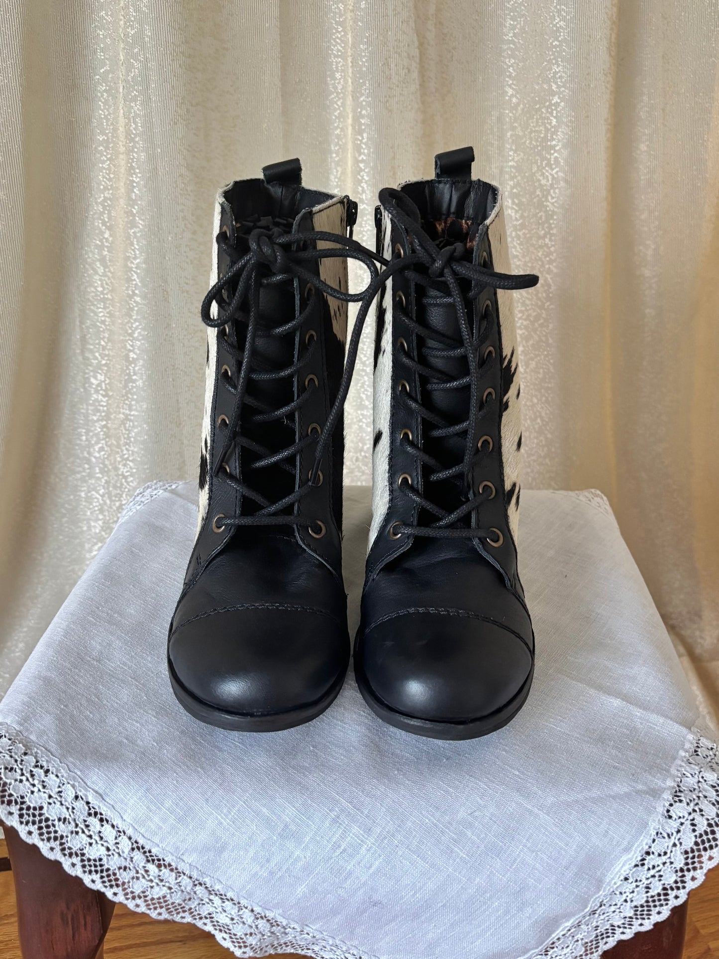 Betsey Johnson calf hair lace up boots