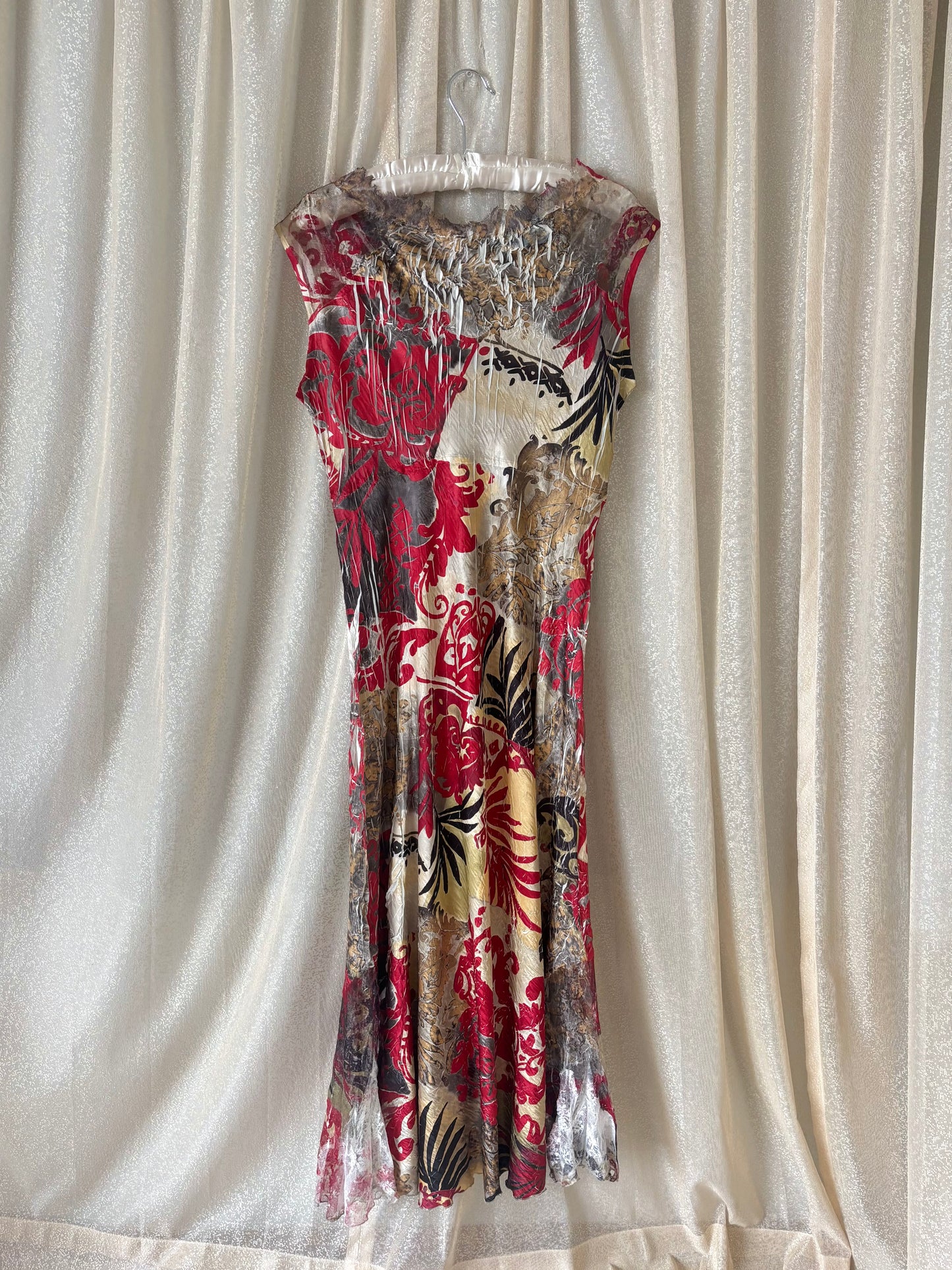 90s Komarov abstract crinkle pleated midi dress
