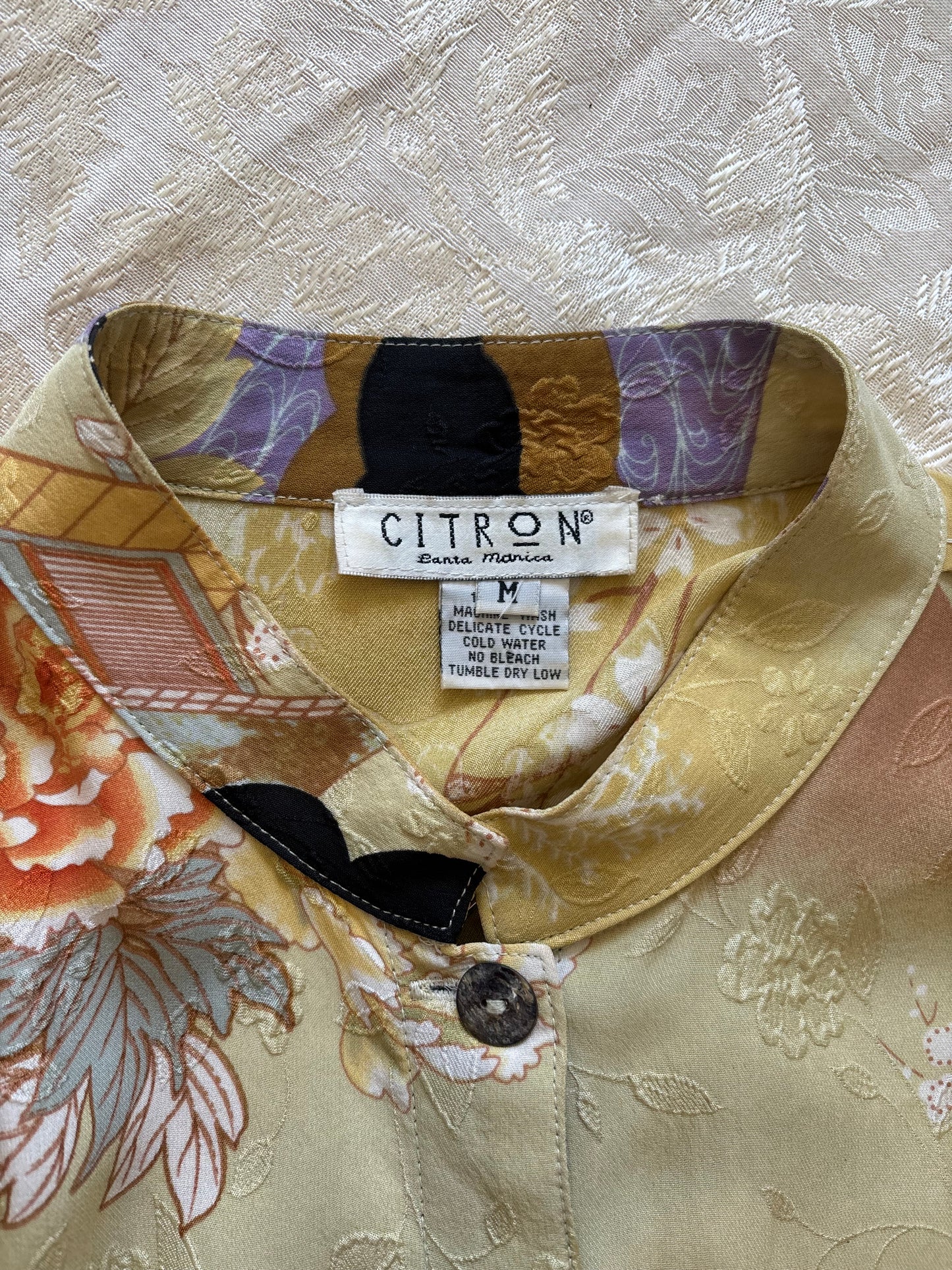Citron silk crane art tunic blouse