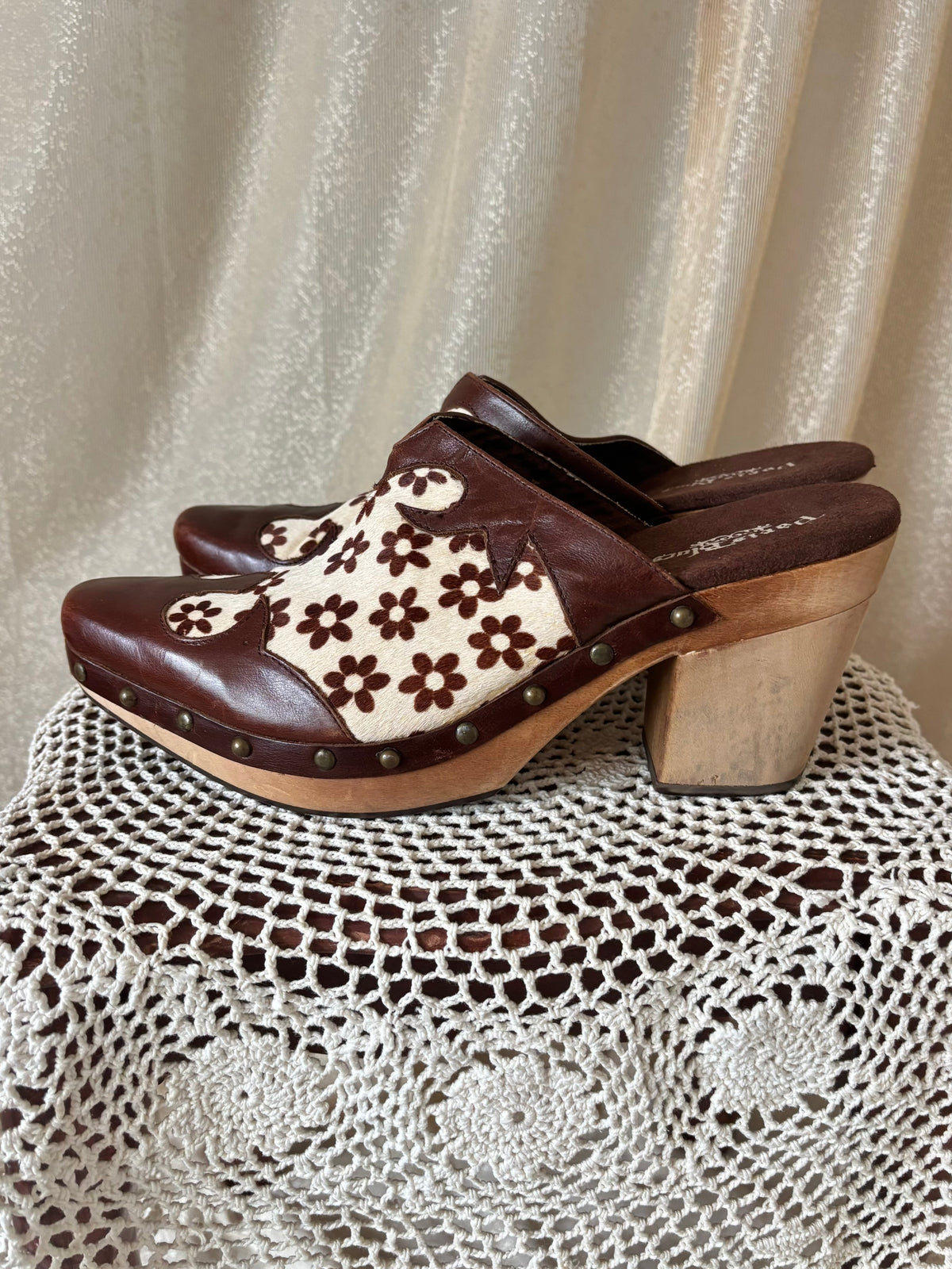 90s/00s Paris Blues calf hair and leather floral wooden clogs
