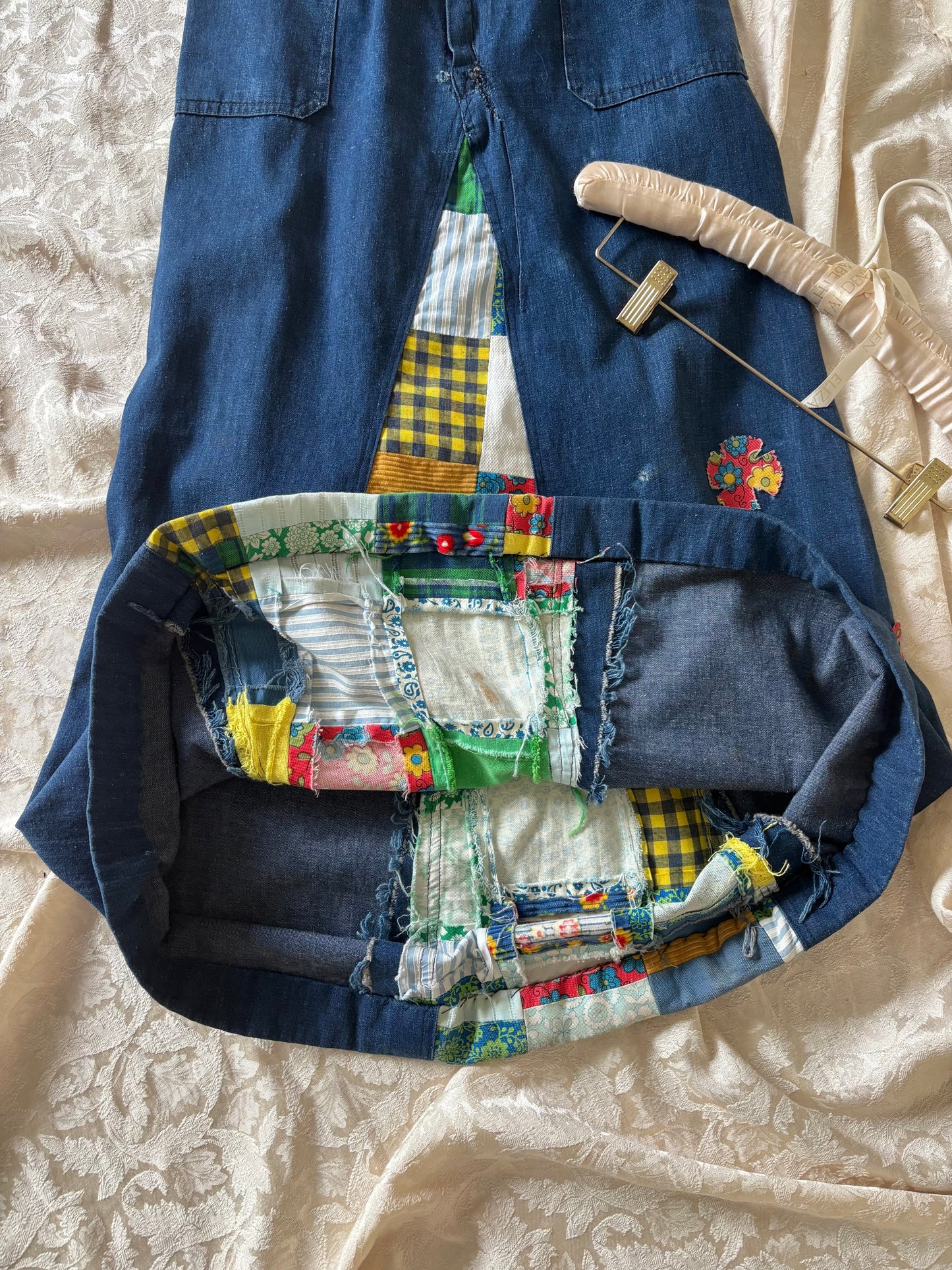 70s homemade denim patchwork maxi skirt