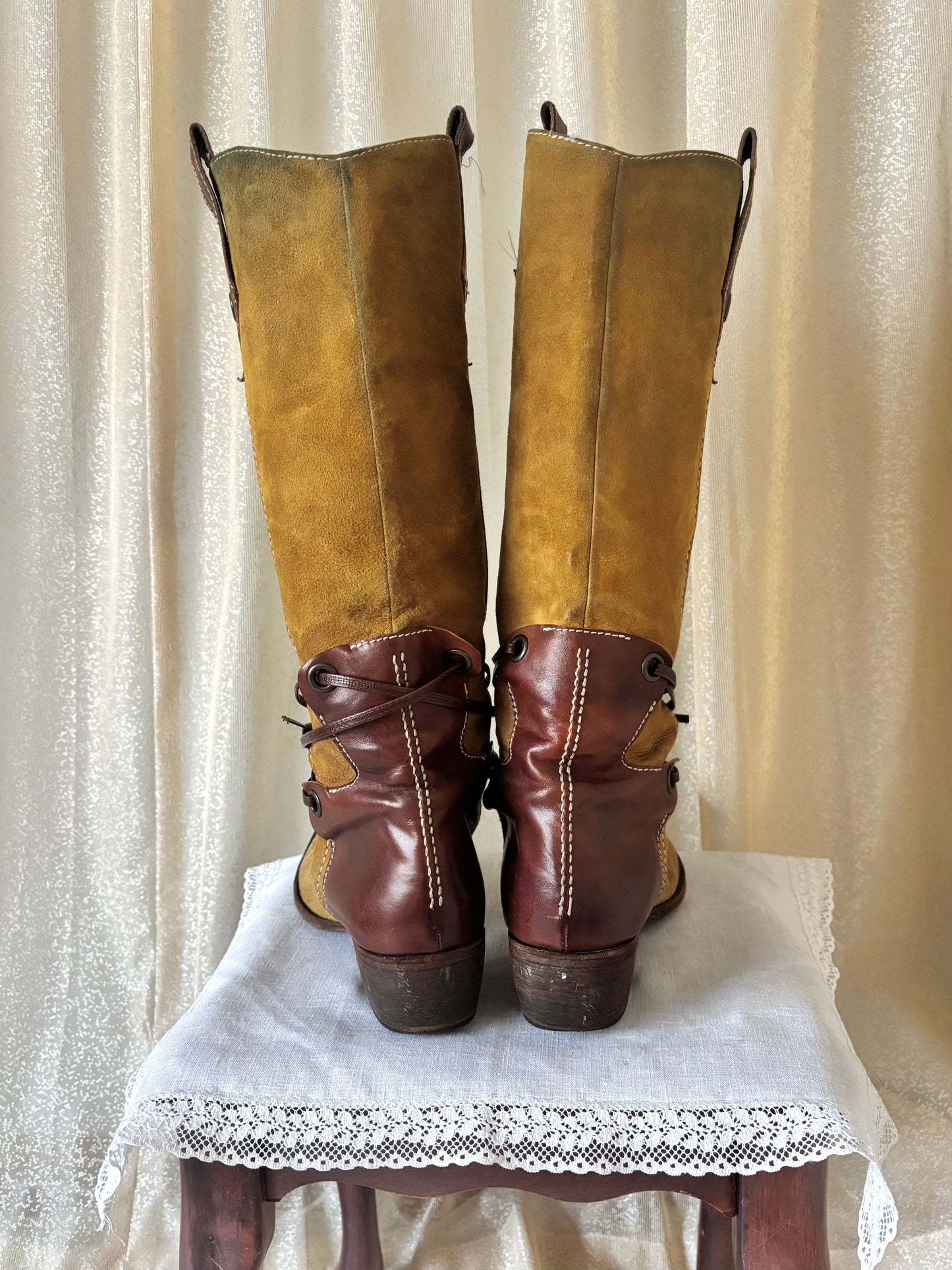 Vintage two-tone suede tie riding boots