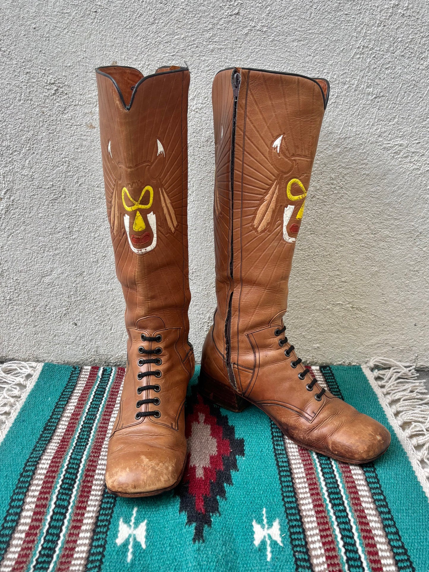 60s/70s custom tooled leather tall boots with Native American motif