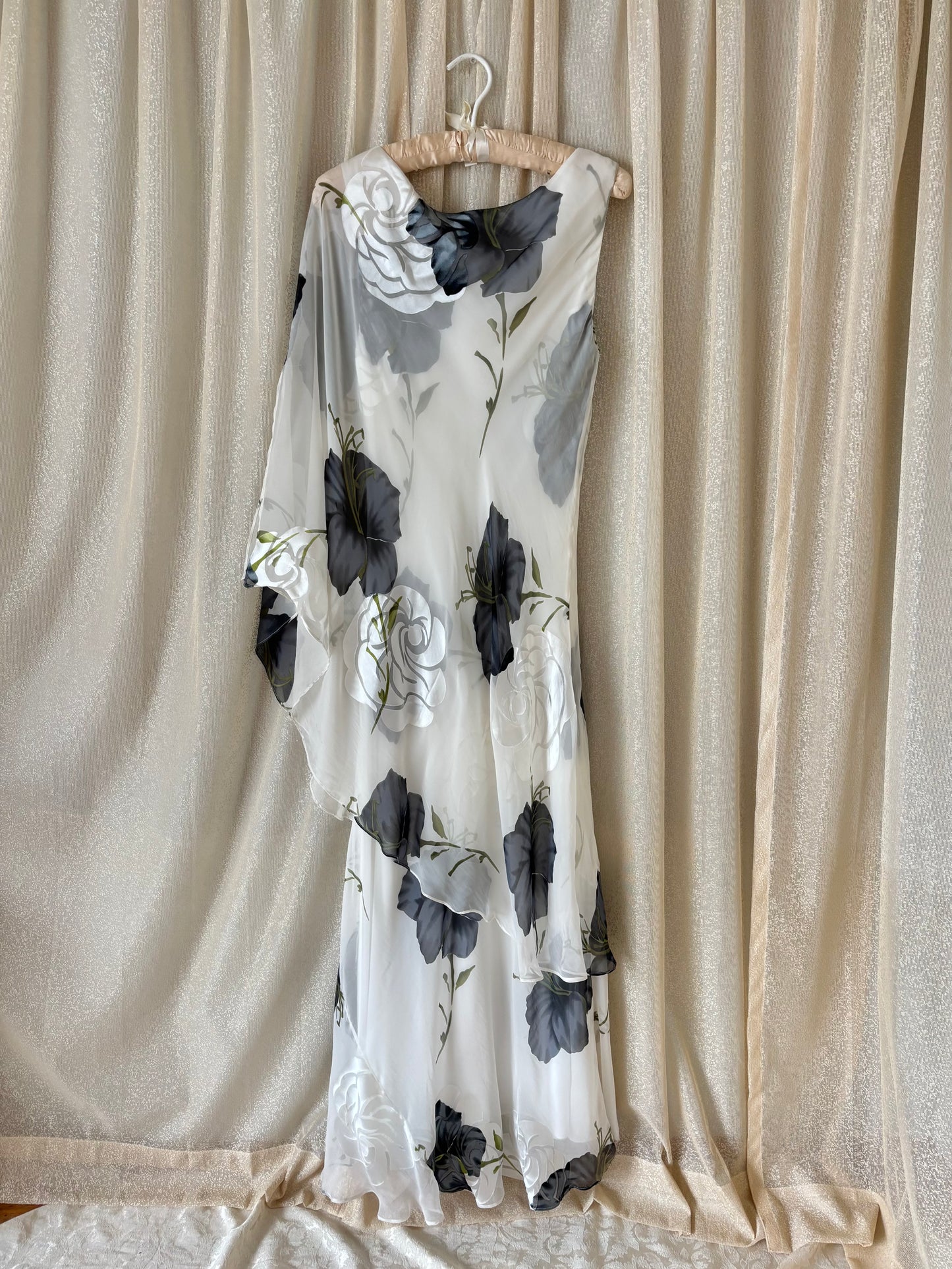 90s floral silk asymmetrical layered dress