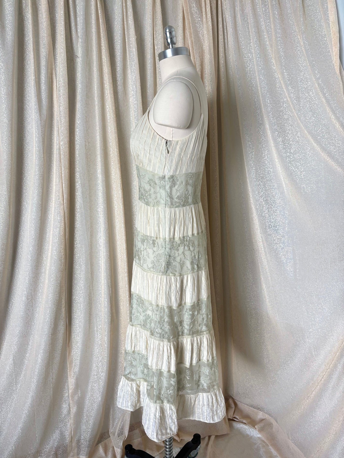 Sage and ivory lace tiered hem midi dress
