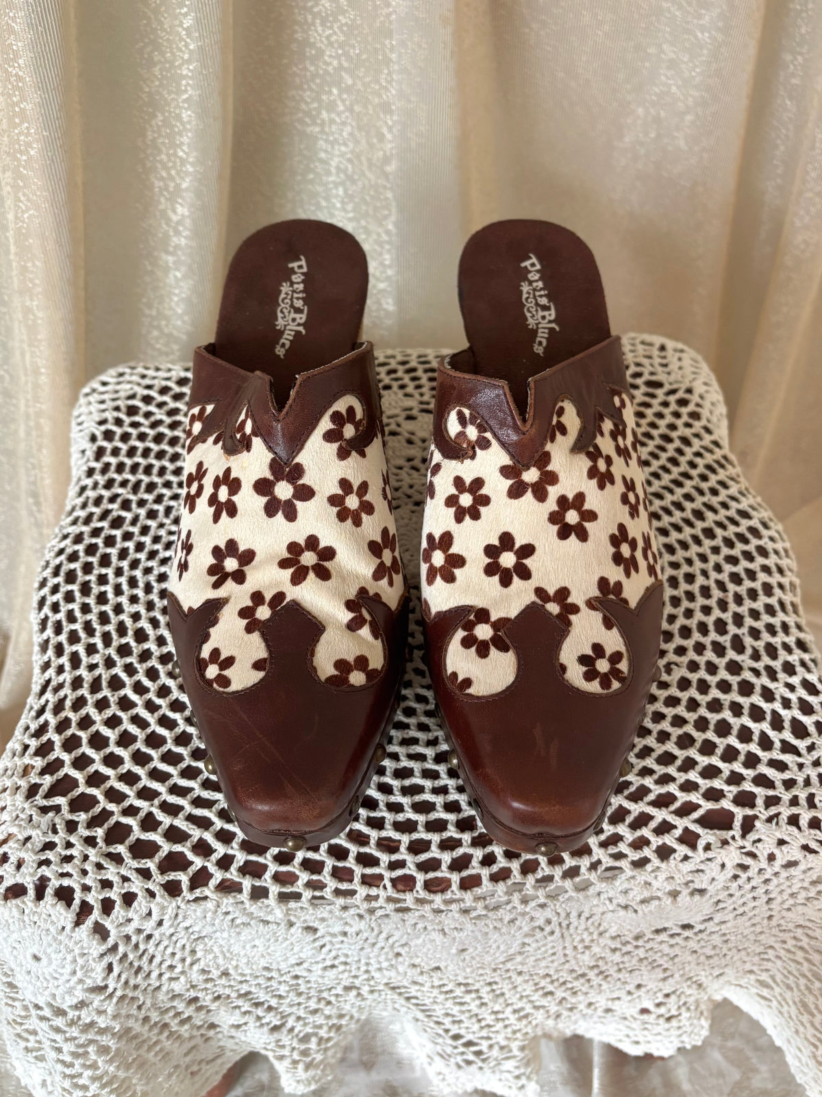 90s/00s Paris Blues calf hair and leather floral wooden clogs