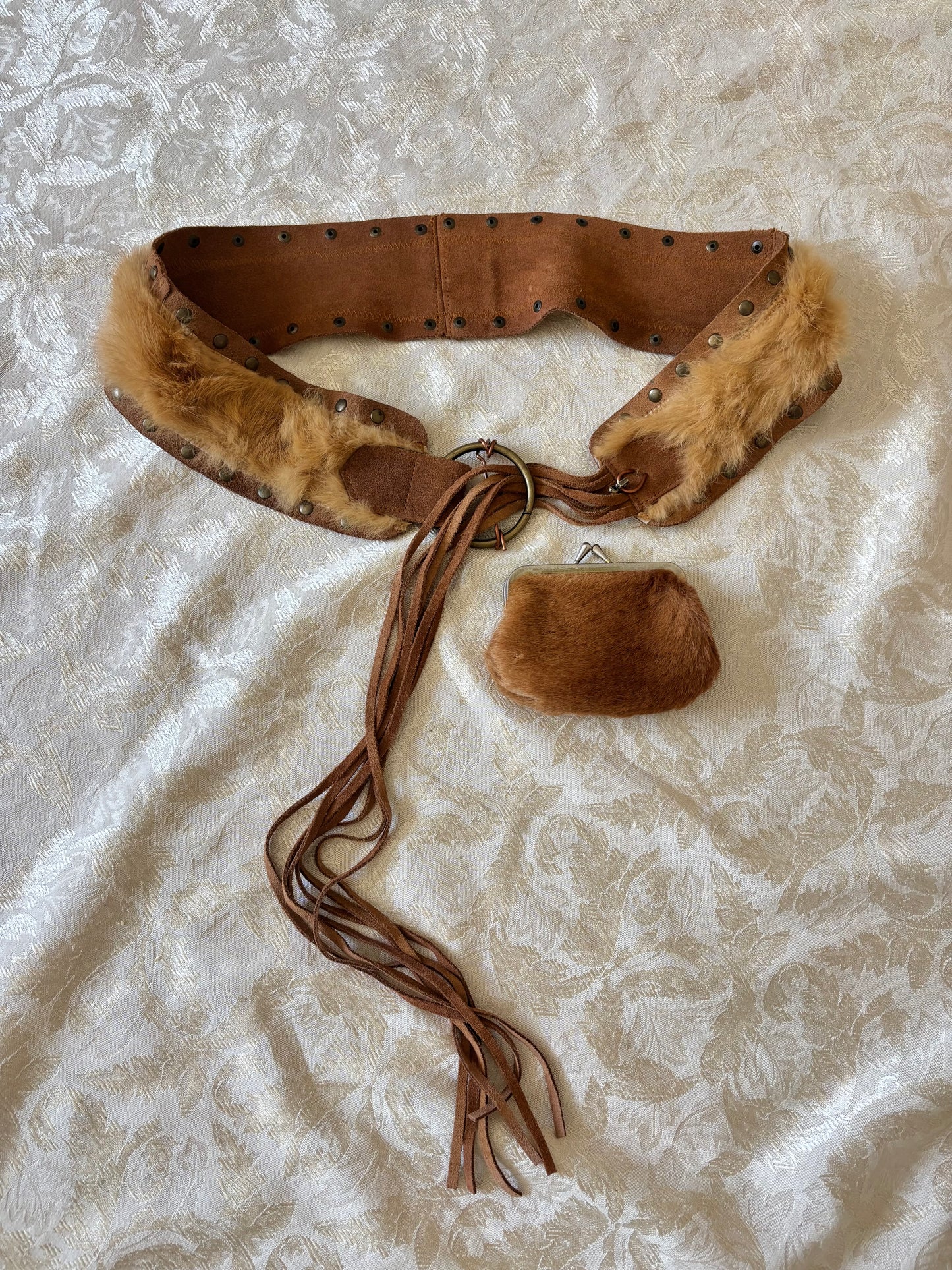 70s genuine fur and suede studded fringe belt