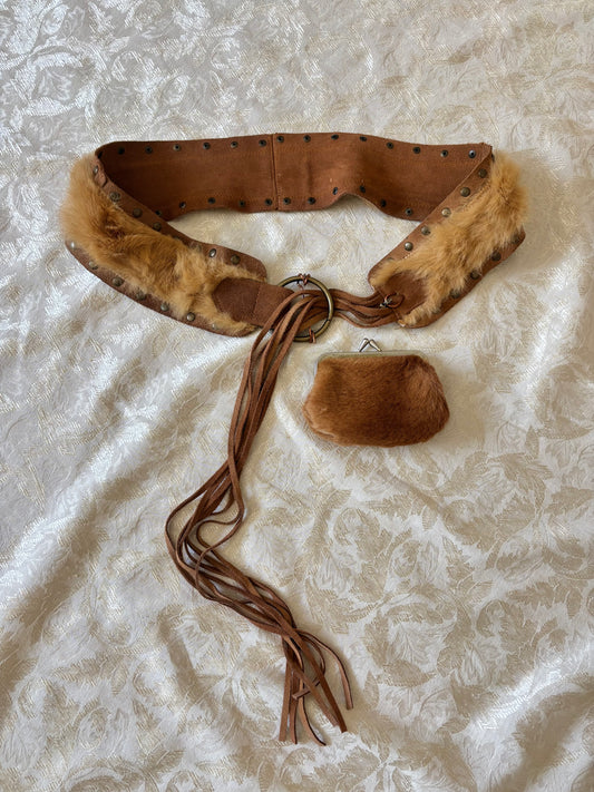 70s genuine fur and suede studded fringe belt