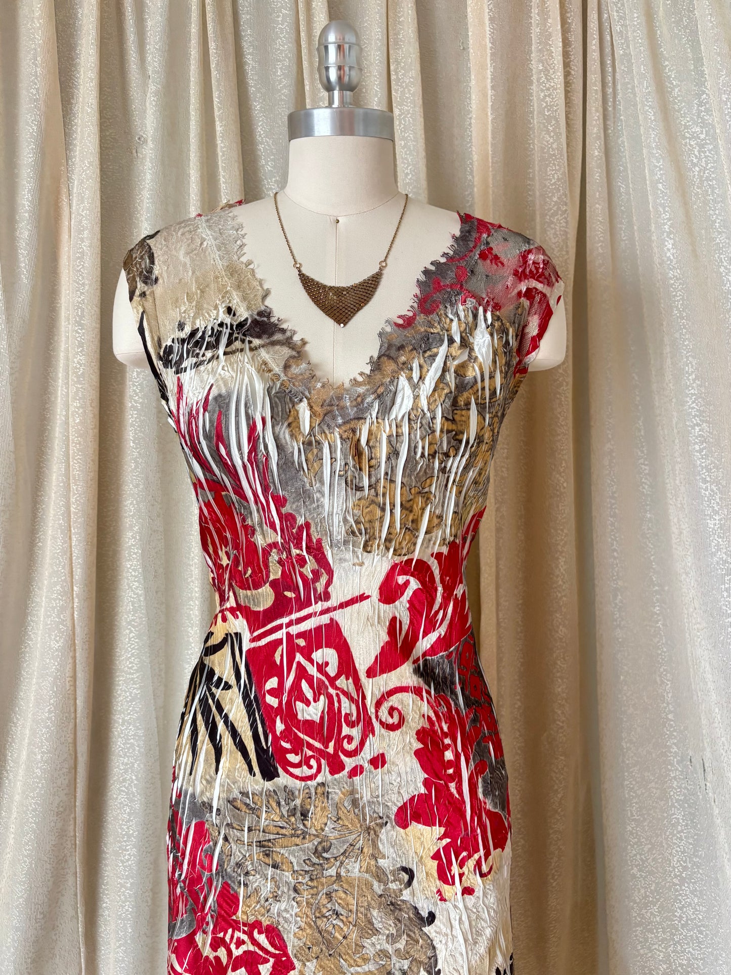 90s Komarov abstract crinkle pleated midi dress