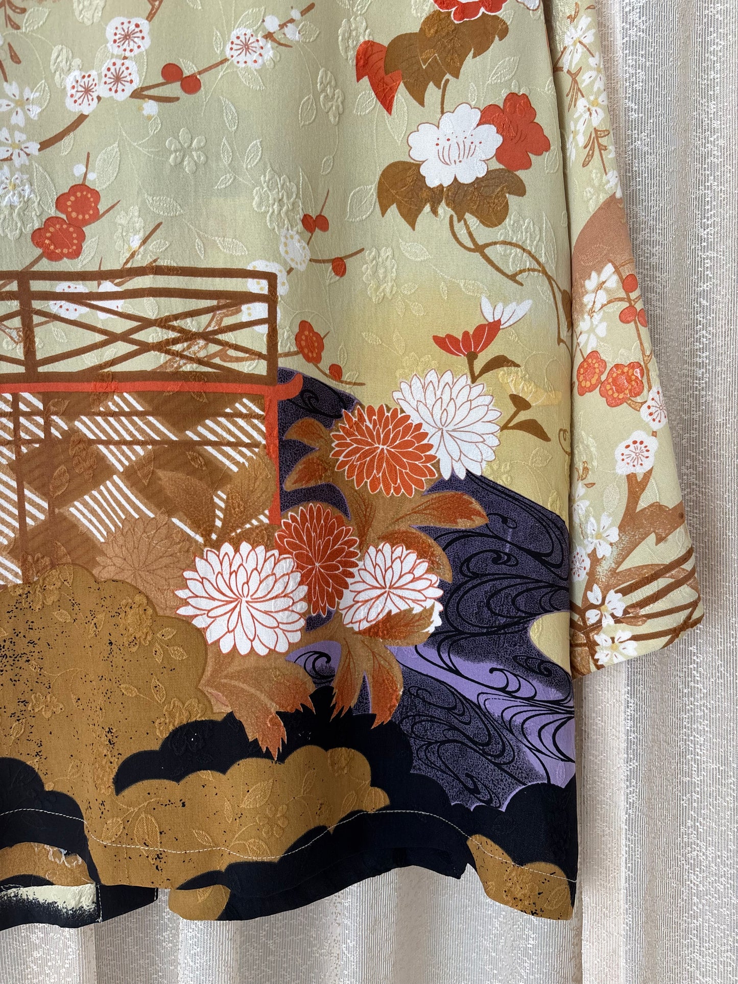 Citron silk crane art tunic blouse