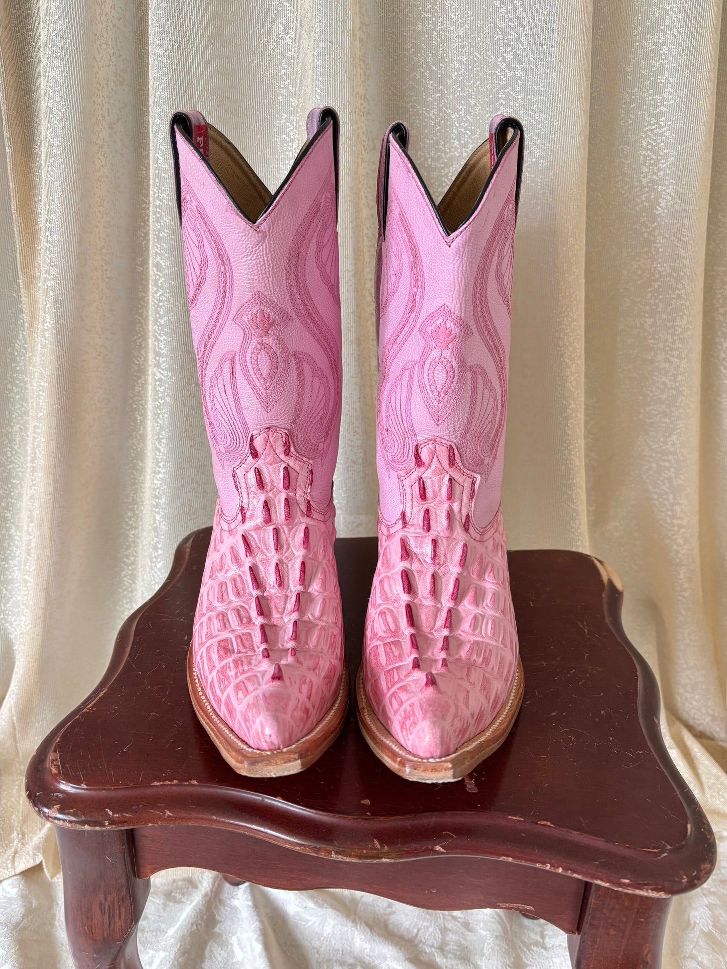 Pink leather alligator-embossed Western boots