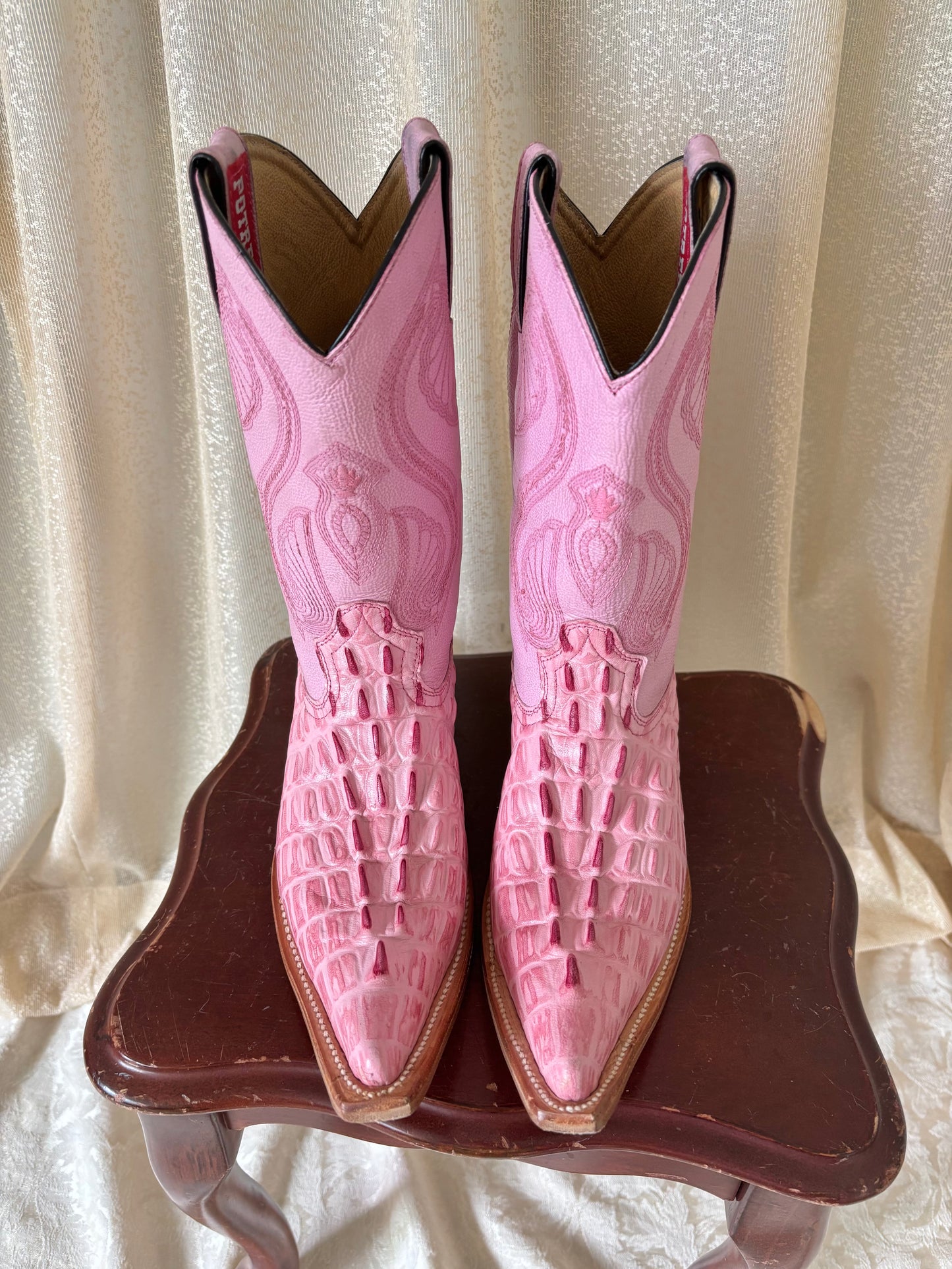 Pink leather alligator-embossed Western boots