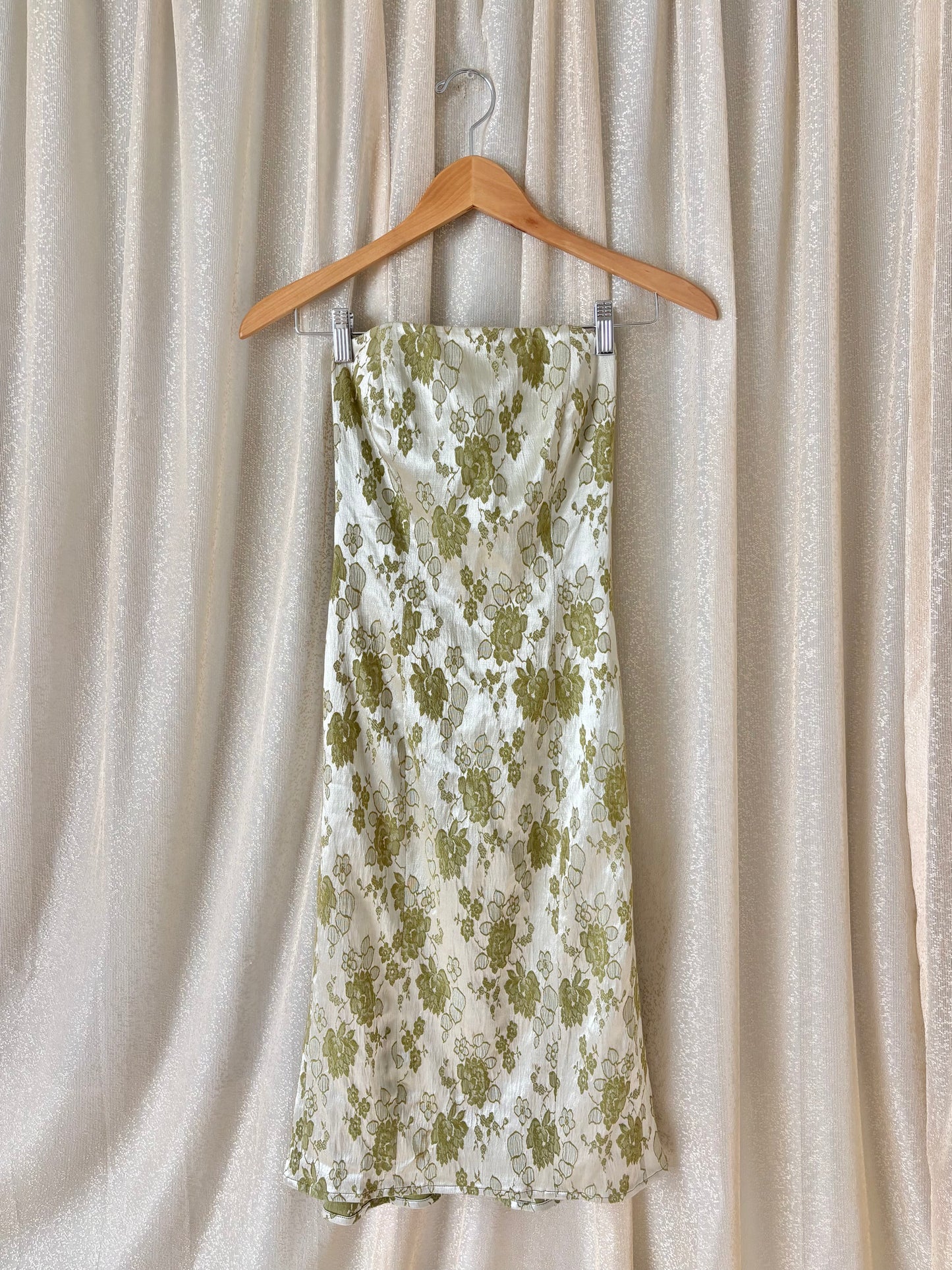 Green floral brocade jacquard strapless cocktail dress