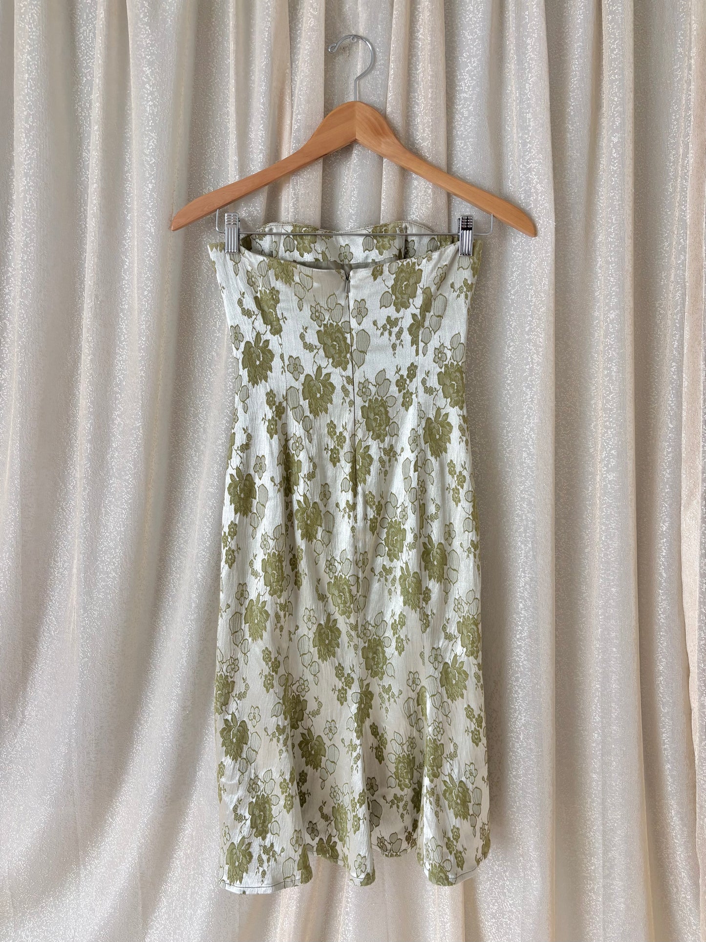 Green floral brocade jacquard strapless cocktail dress
