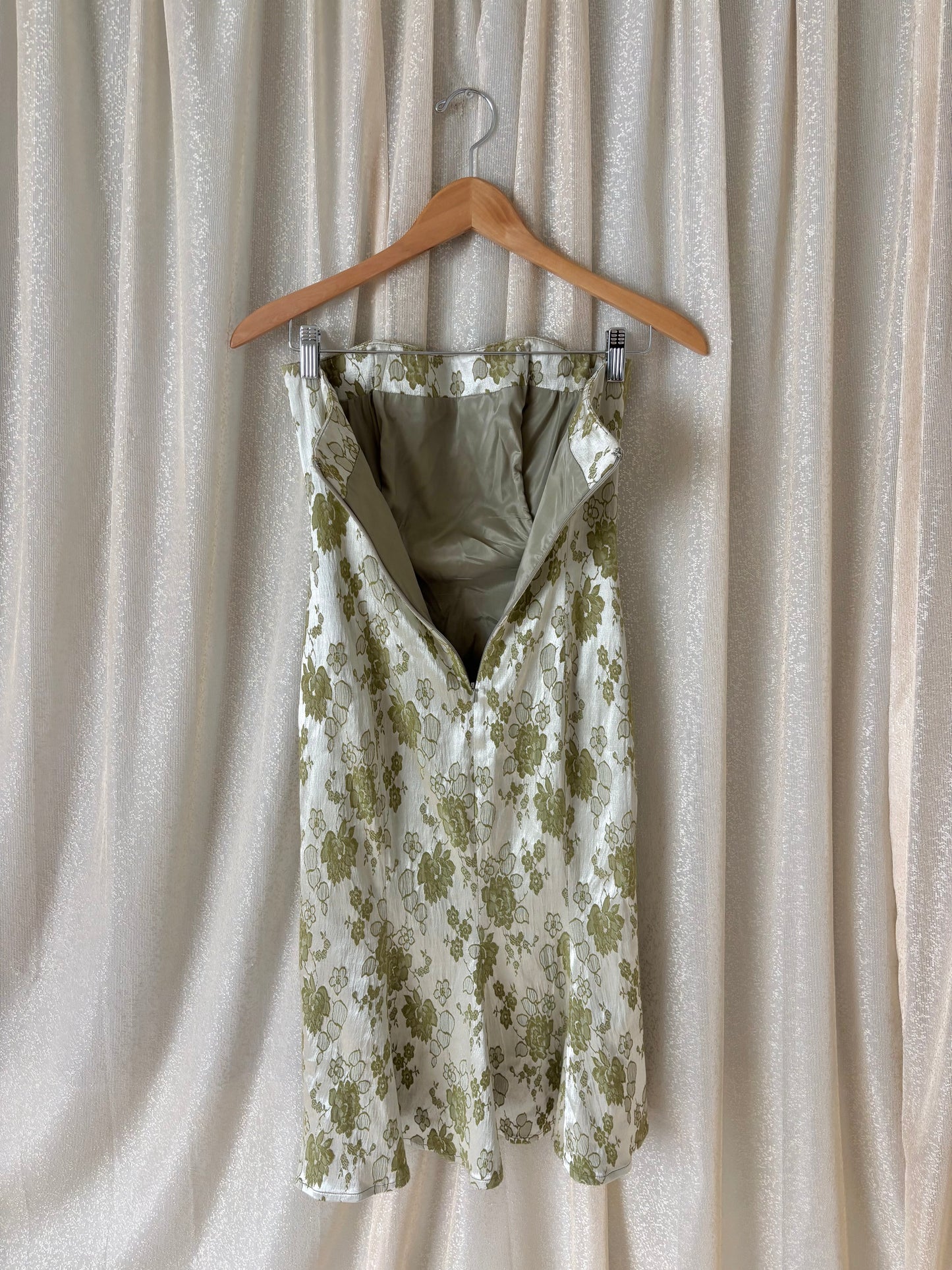 Green floral brocade jacquard strapless cocktail dress