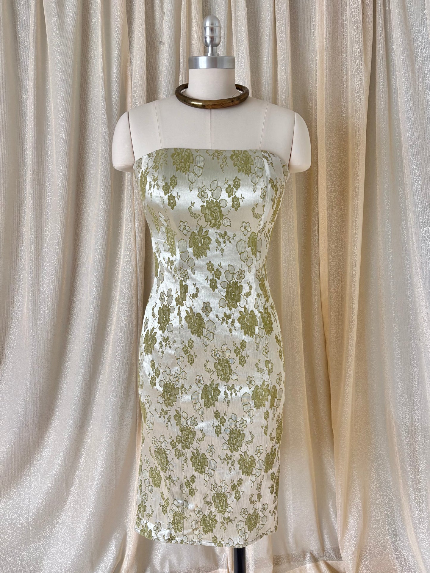 Green floral brocade jacquard strapless cocktail dress
