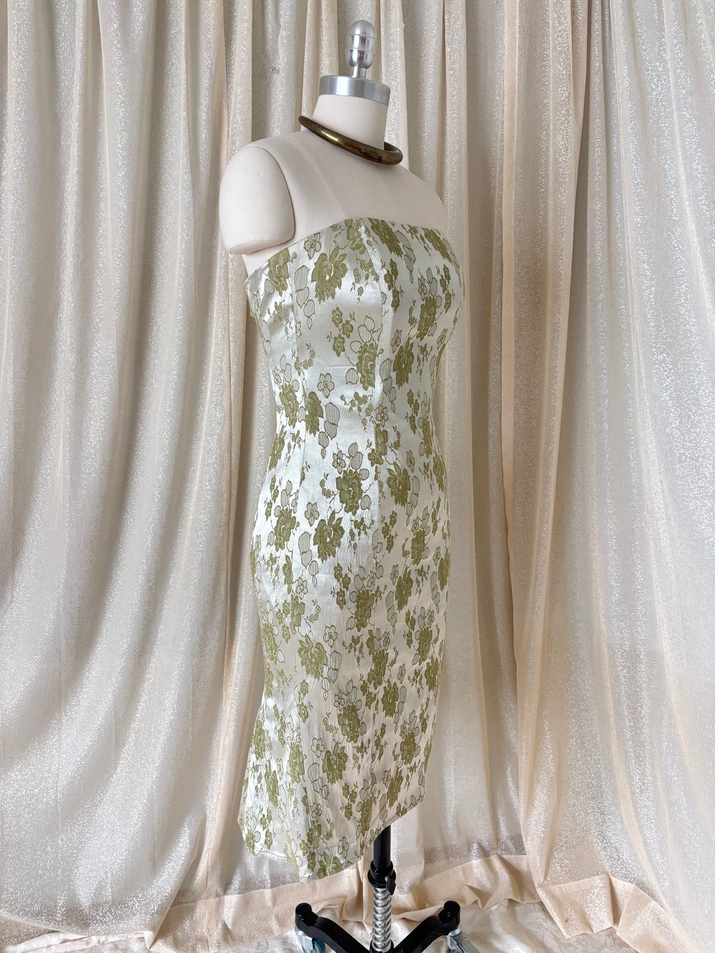 Green floral brocade jacquard strapless cocktail dress