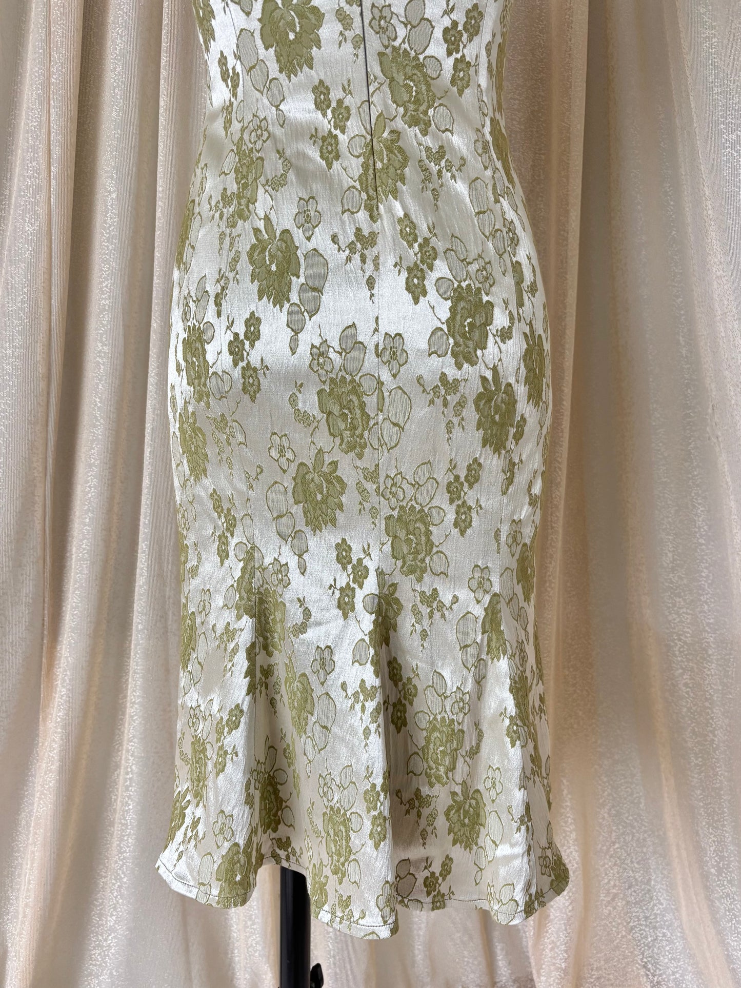 Green floral brocade jacquard strapless cocktail dress