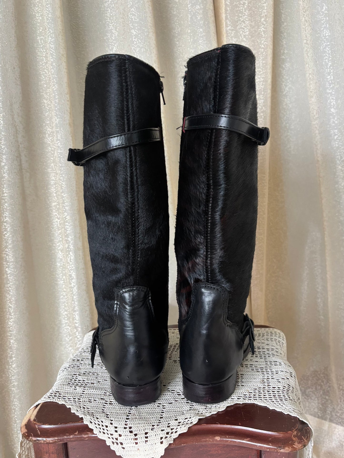 Calf hair and leather belt buckle riding boots