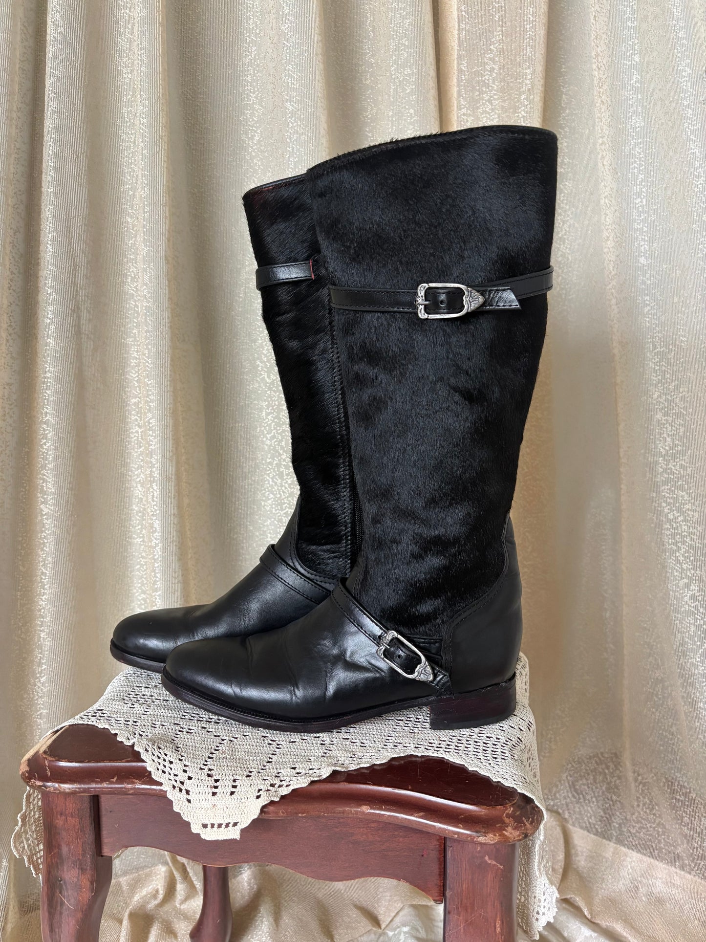 Calf hair and leather belt buckle riding boots